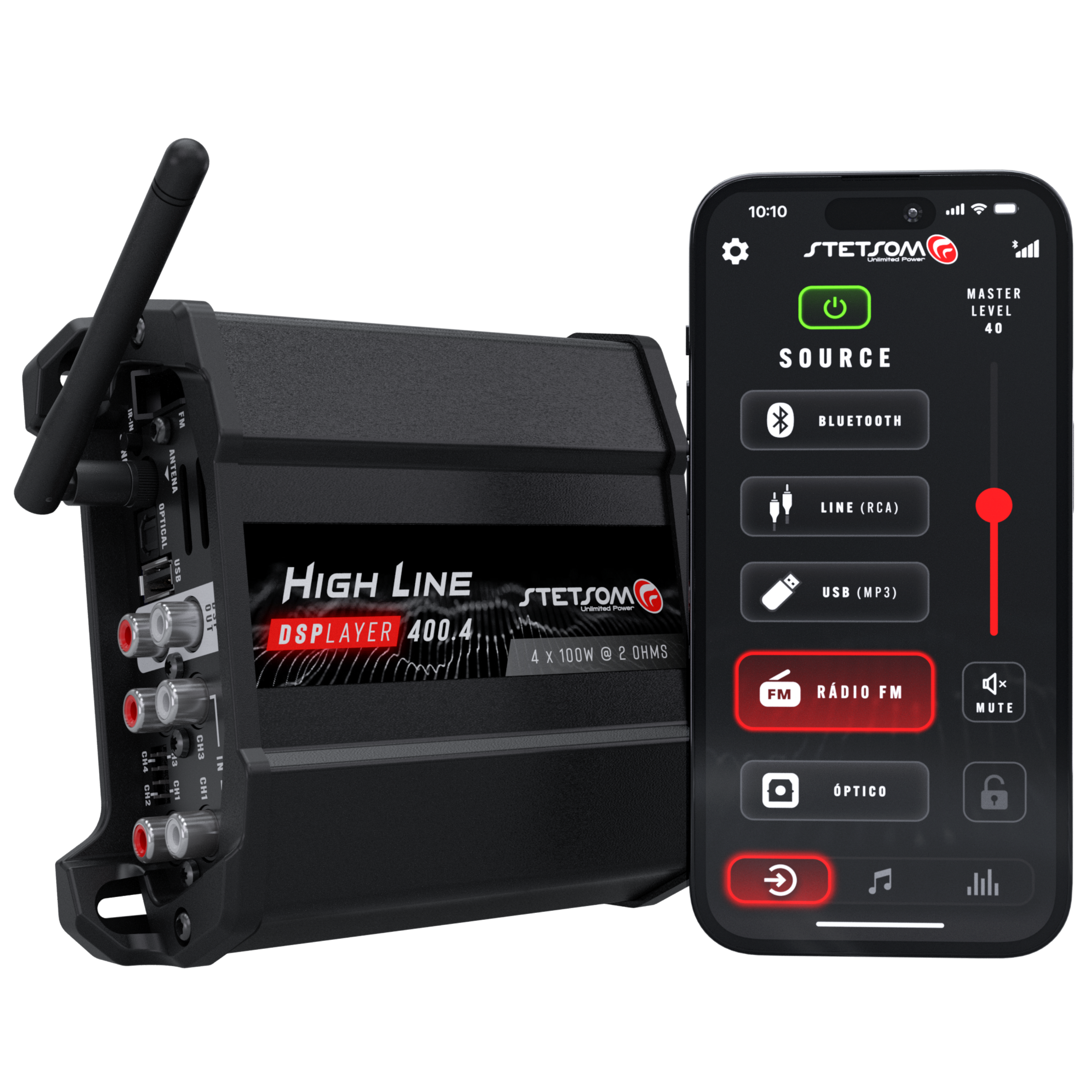 Stetsom High Line DSPLAYER 400.4, Car Audio Amplifier with DSP, Bluetooth, FM Radio, Multiple Audio Inputs, Mobile App C