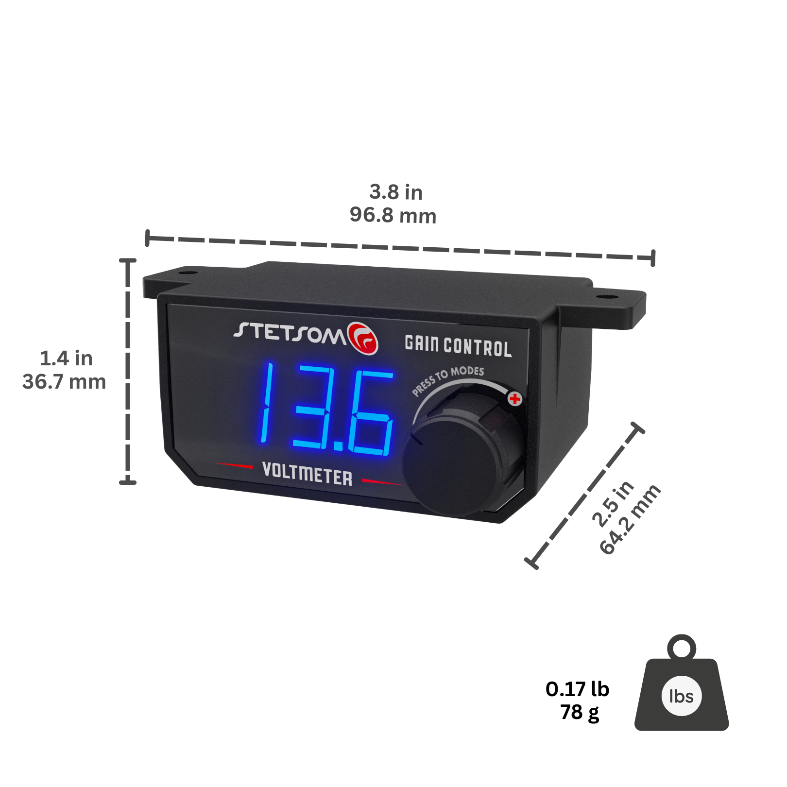 Stetsom 4in1 Universal Bass Knob Gain Control + Voltmeter + On/Off Switch + High to RCA Input Converter, Blue LED Displa
