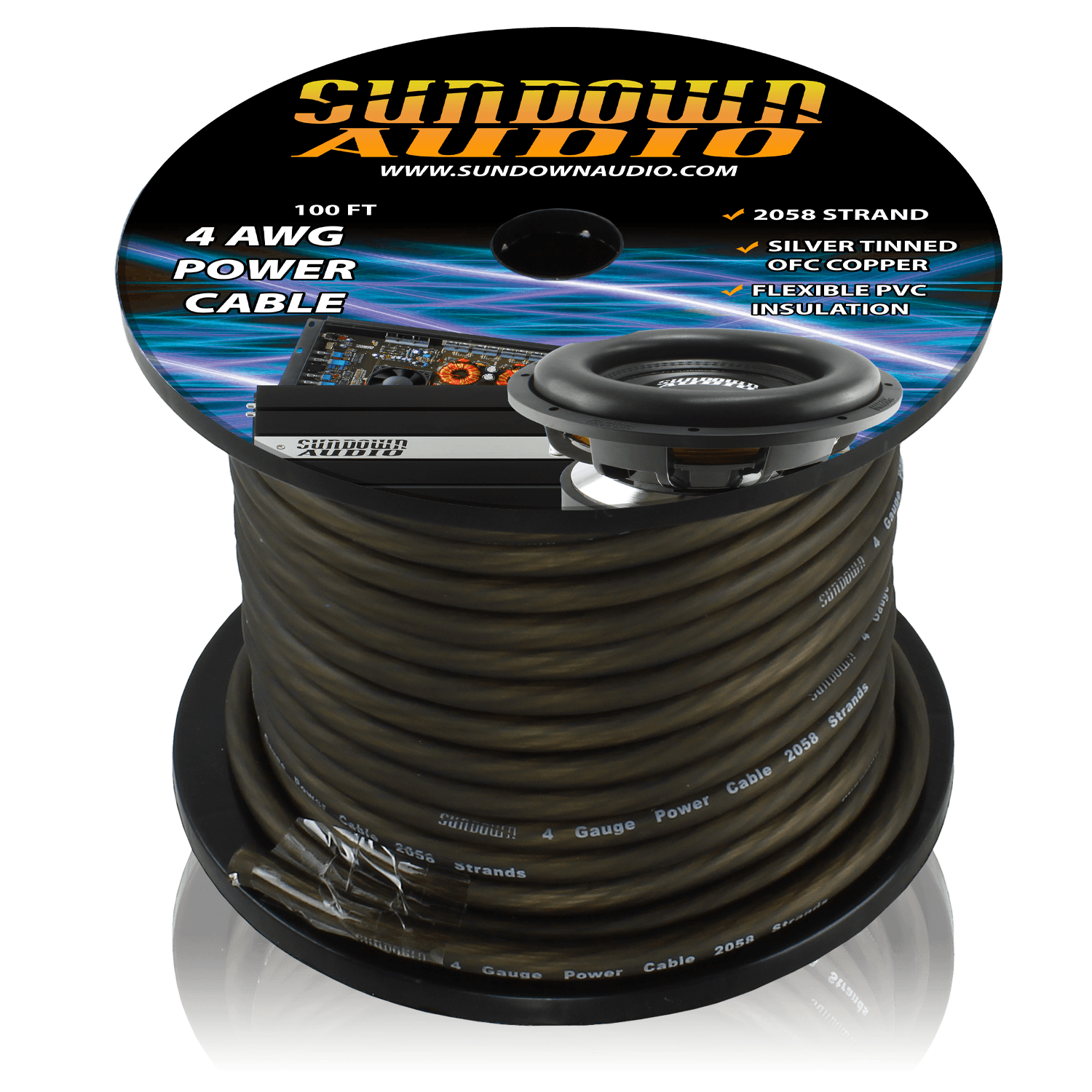Sundown Audio 4 Gauge Black 100' Tinned OFC Oxygen Free Copper Power Cable