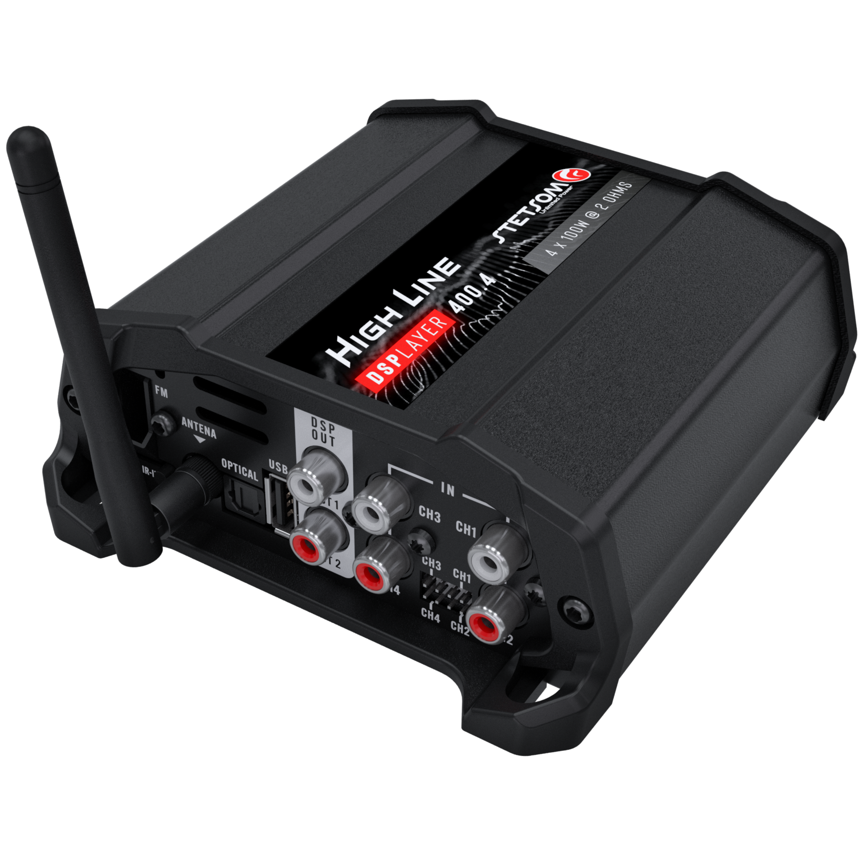 Stetsom High Line DSPLAYER 400.4, Car Audio Amplifier with DSP, Bluetooth, FM Radio, Multiple Audio Inputs, Mobile App C