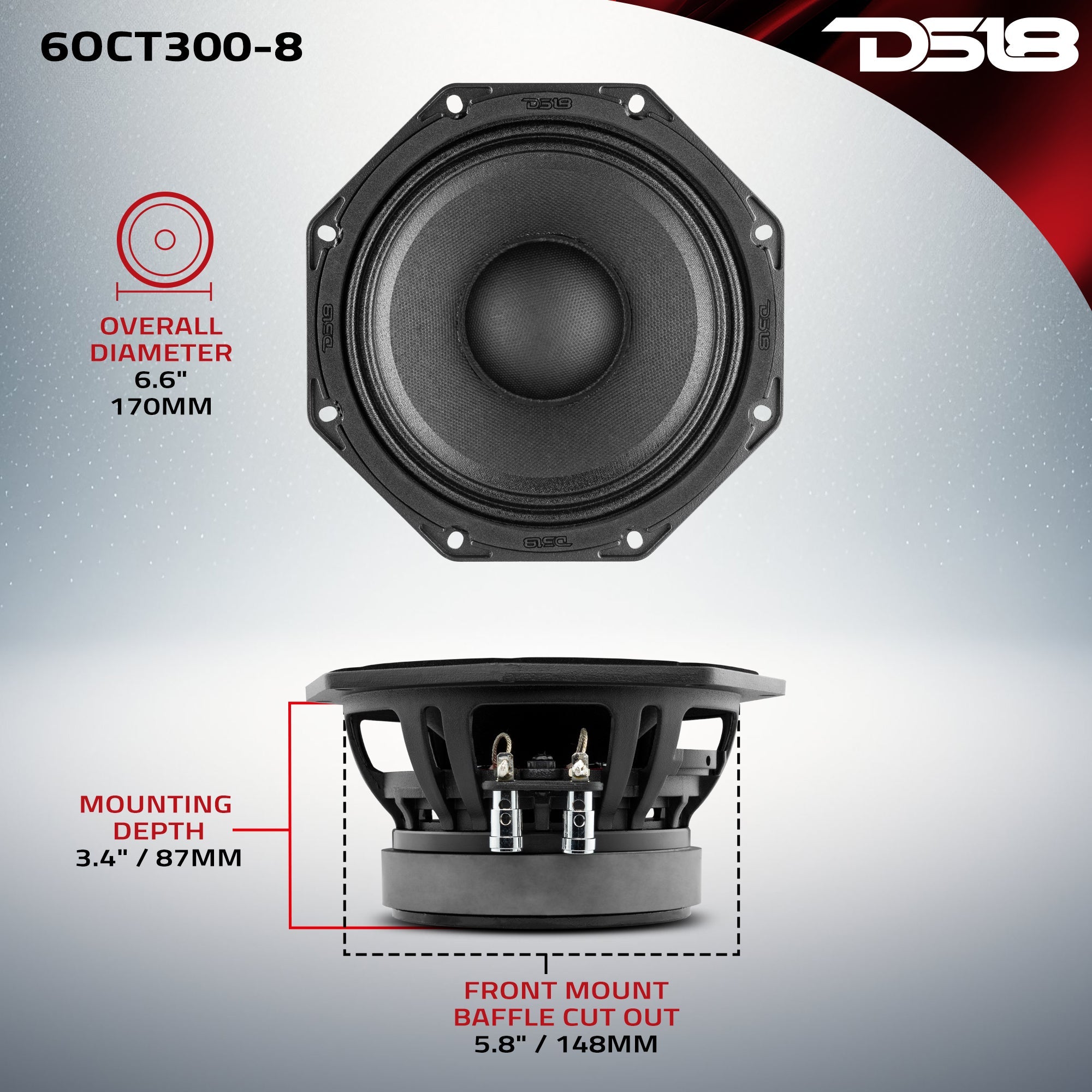 DS18 Octagonal 6.5" Mid-Range Loudspeaker 300 Watts Rms 8-Ohm