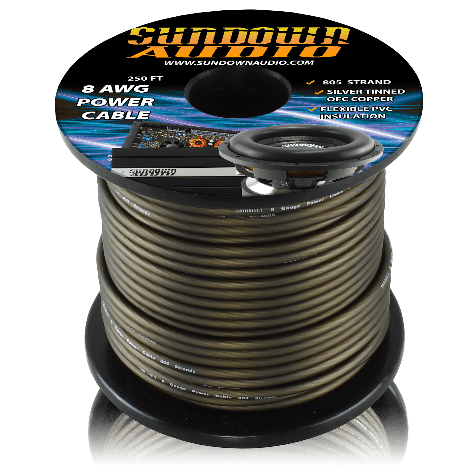 Sundown Audio 8 Gauge Black 250' Tinned OFC Oxygen Free Copper Power Cable