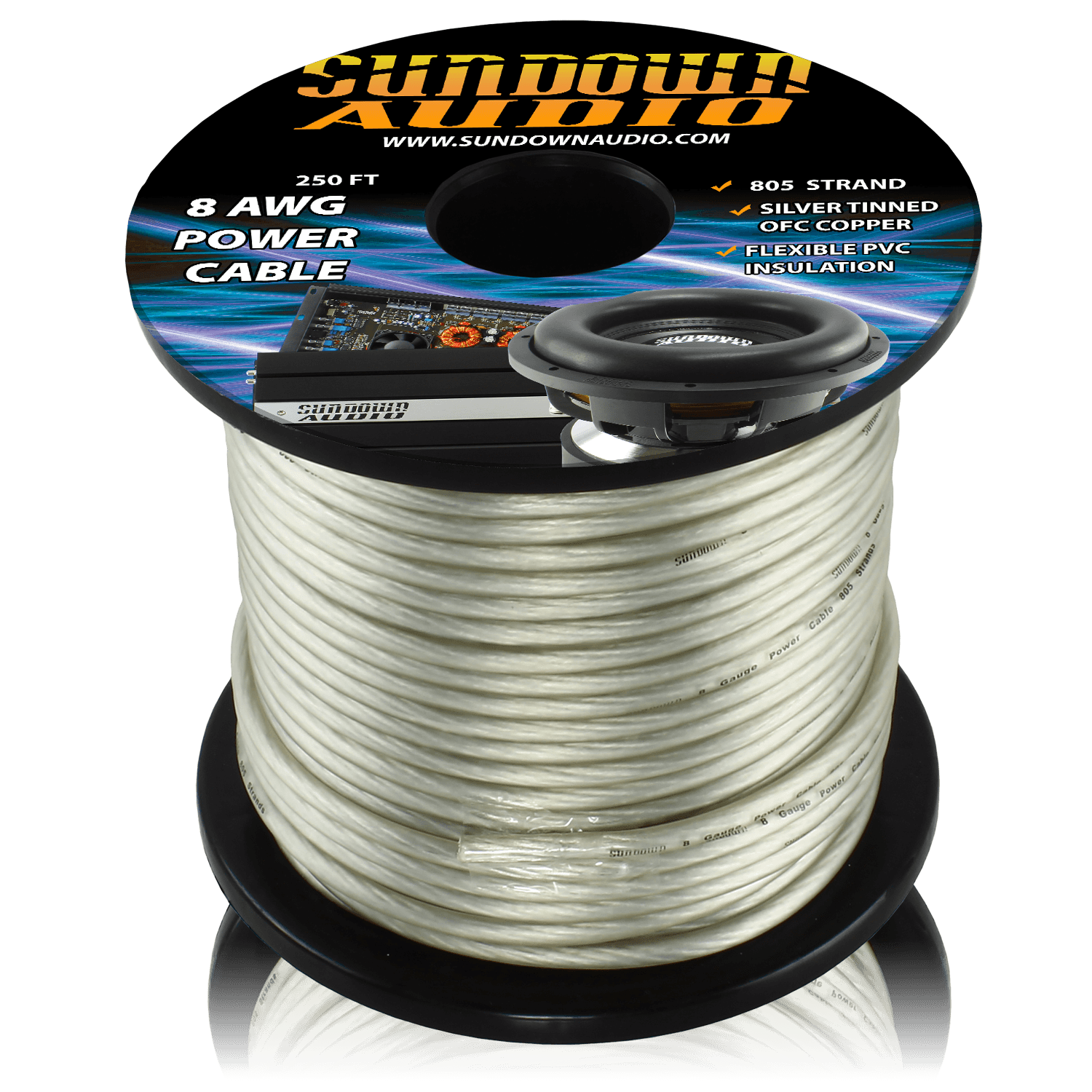 Sundown Audio 8 Gauge Silver 250' Tinned OFC Oxygen Free Copper Power Cable
