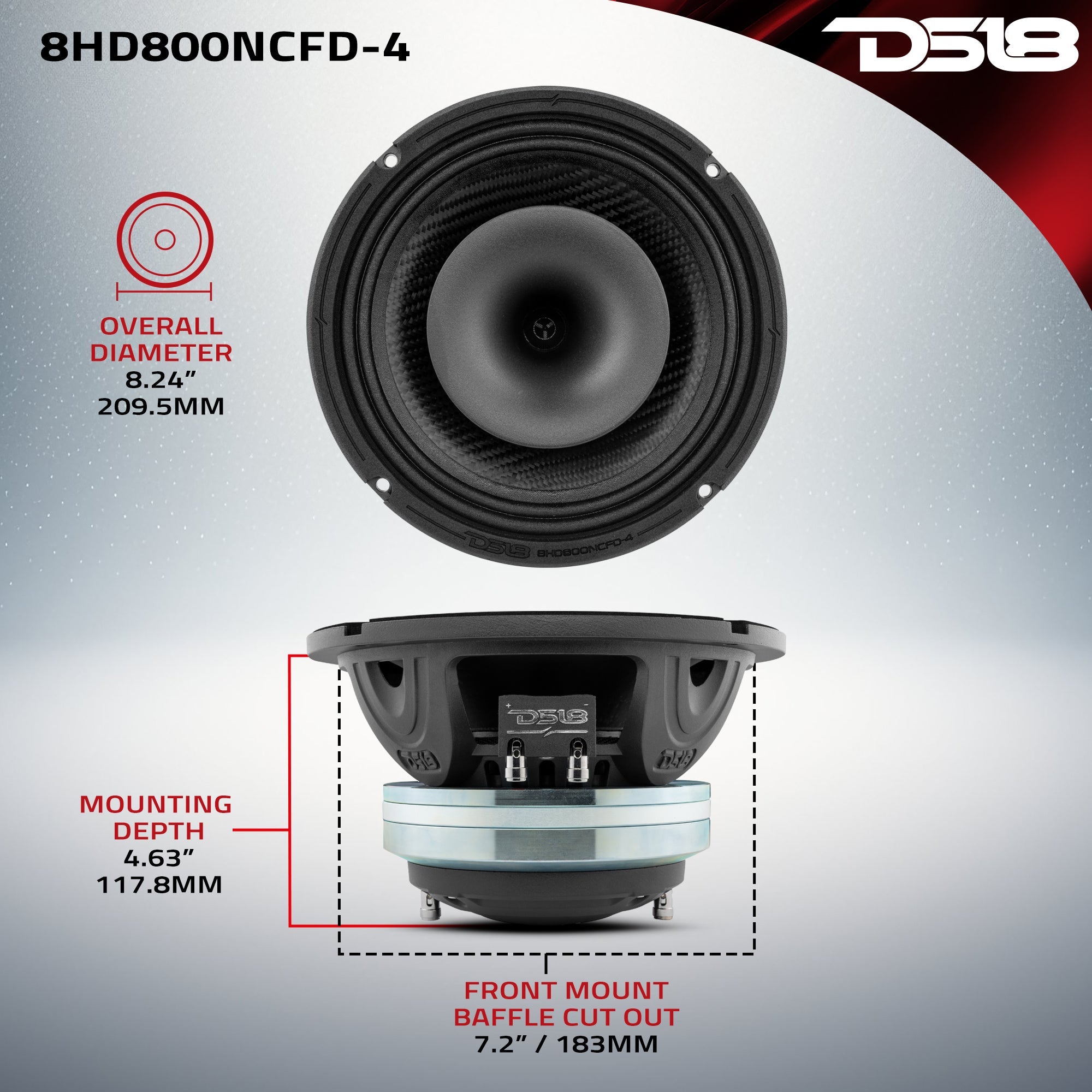 DS18 8" Neodymium Coaxial Hybrid Mid-Bass Water resistant Carbon Fiber Cone Loudspeaker with Built-in Driver 400 Watts Rms 4-Ohm