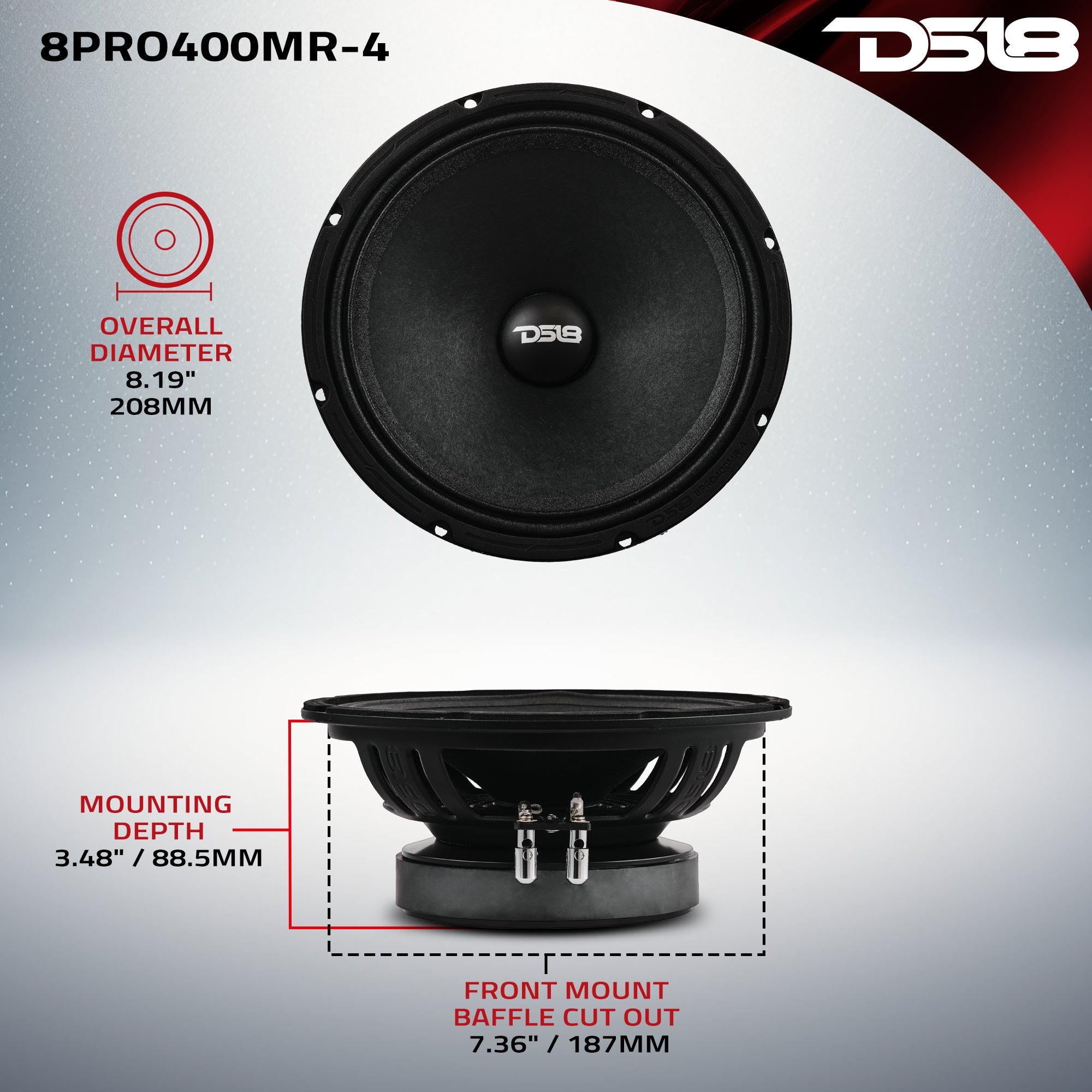 DS18 PRO 8” High Sensitivity Professional Mid-Range Loudspeaker 200 Watts Rms 4-Ohm