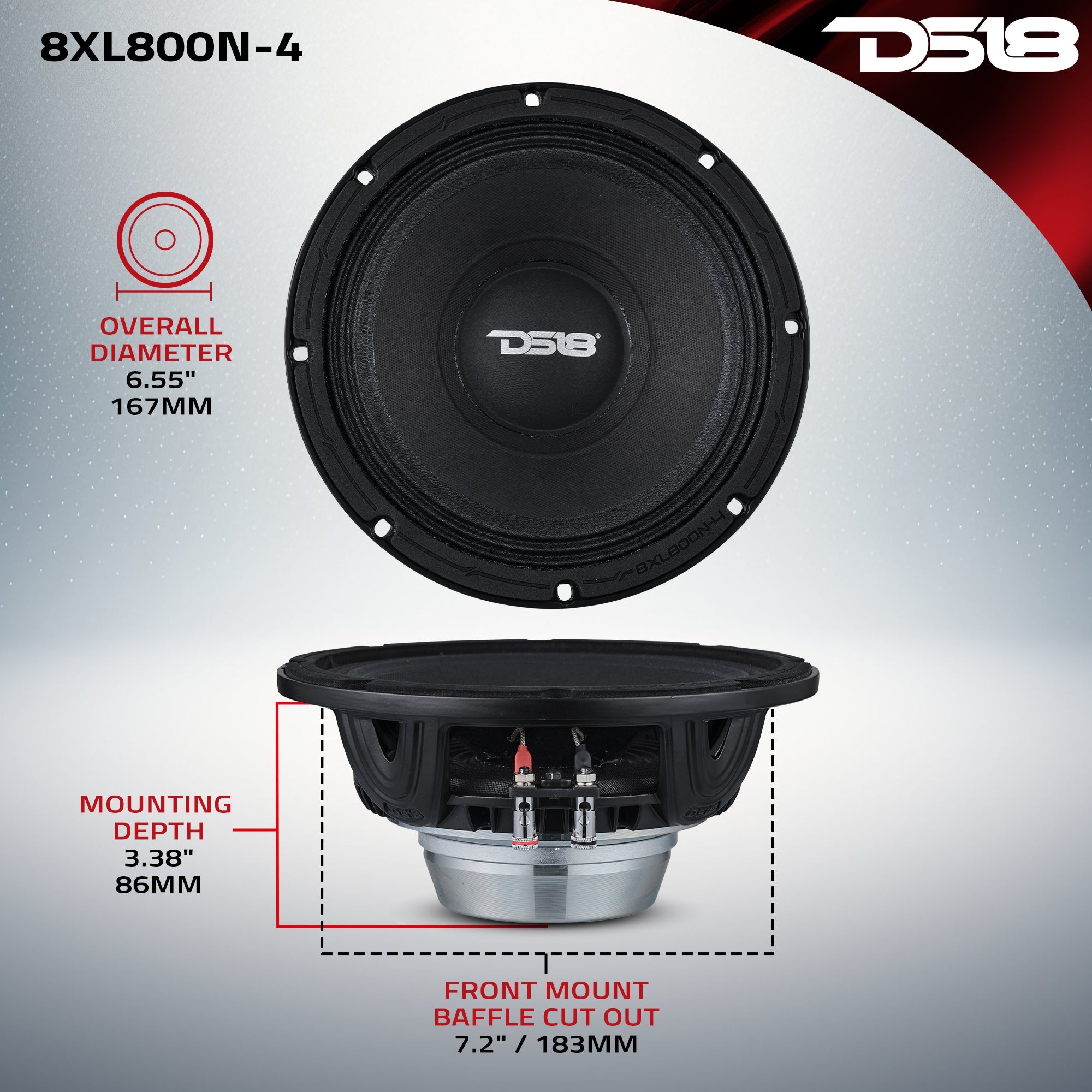 DS18 XL 8" Mid-Range Loudspeaker 4-Ohm With Neodymium Magnet 400 Watts RMS
