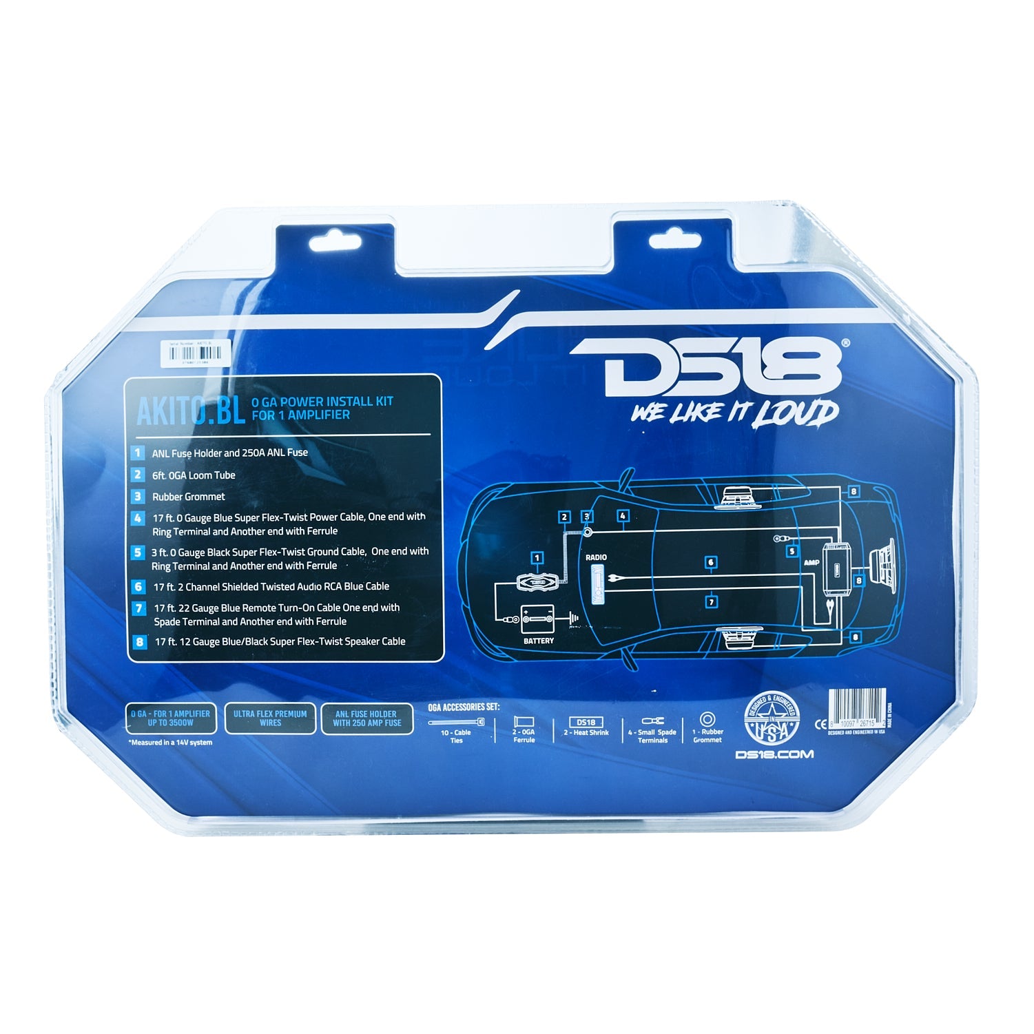 DS18 0-GA Amplifier Installation Wiring Kit - Blue