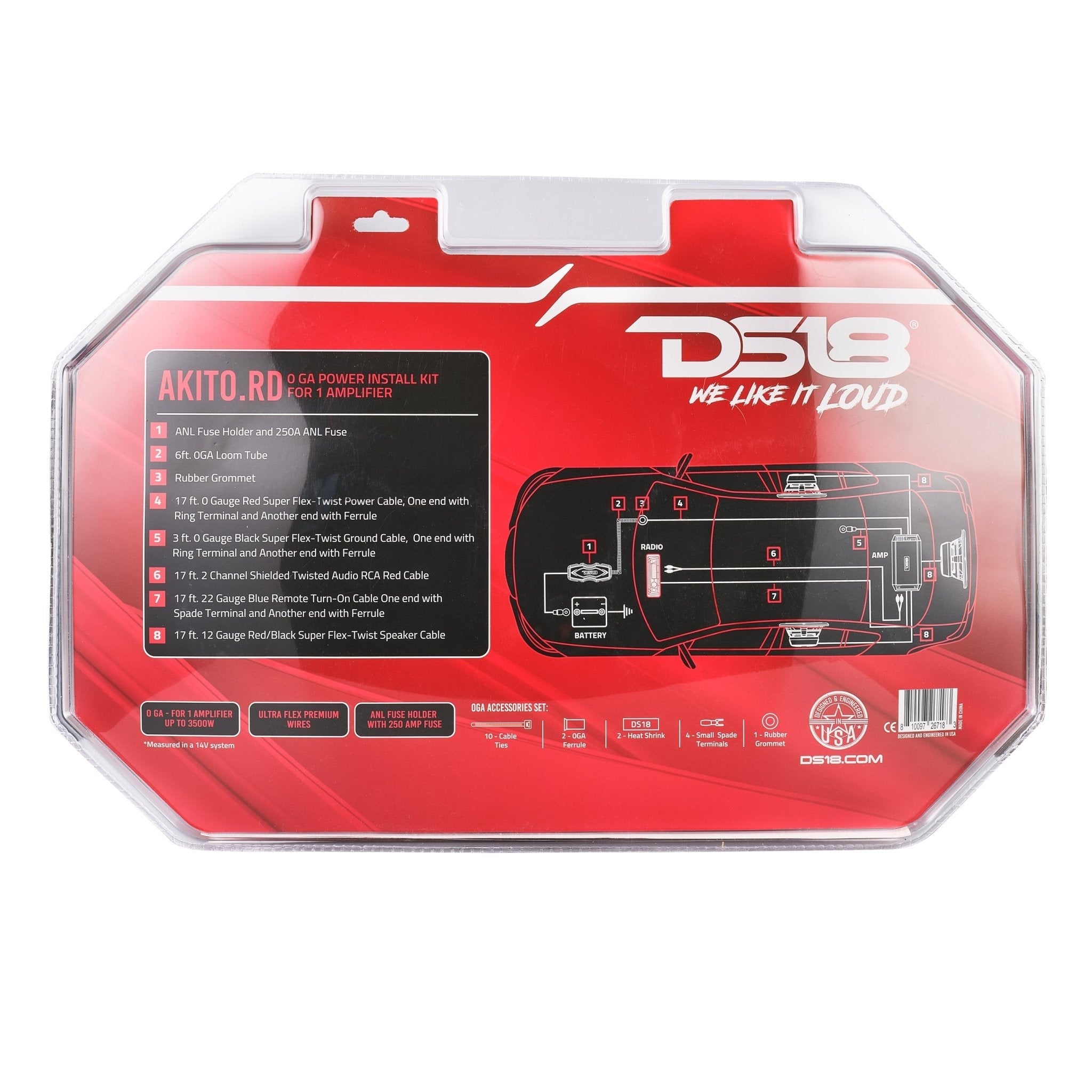 DS18 0-GA Amplifier Installation Wiring Kit - Red