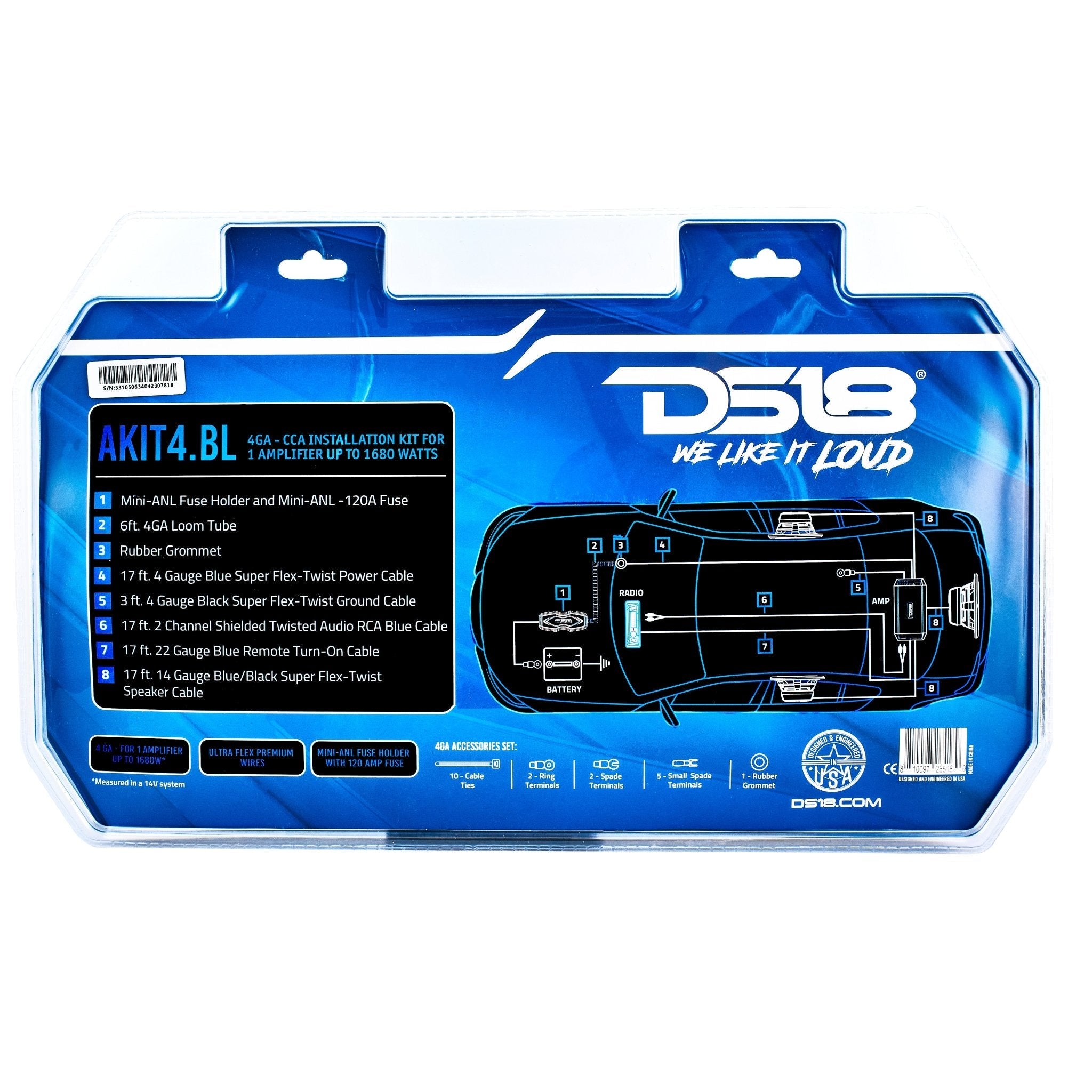 DS18 4-GA Amplifier Installation Wiring Kit - Blue