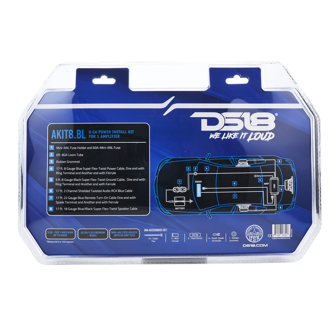 DS18 8-GA Amplifier Installation Wiring Kit - Blue