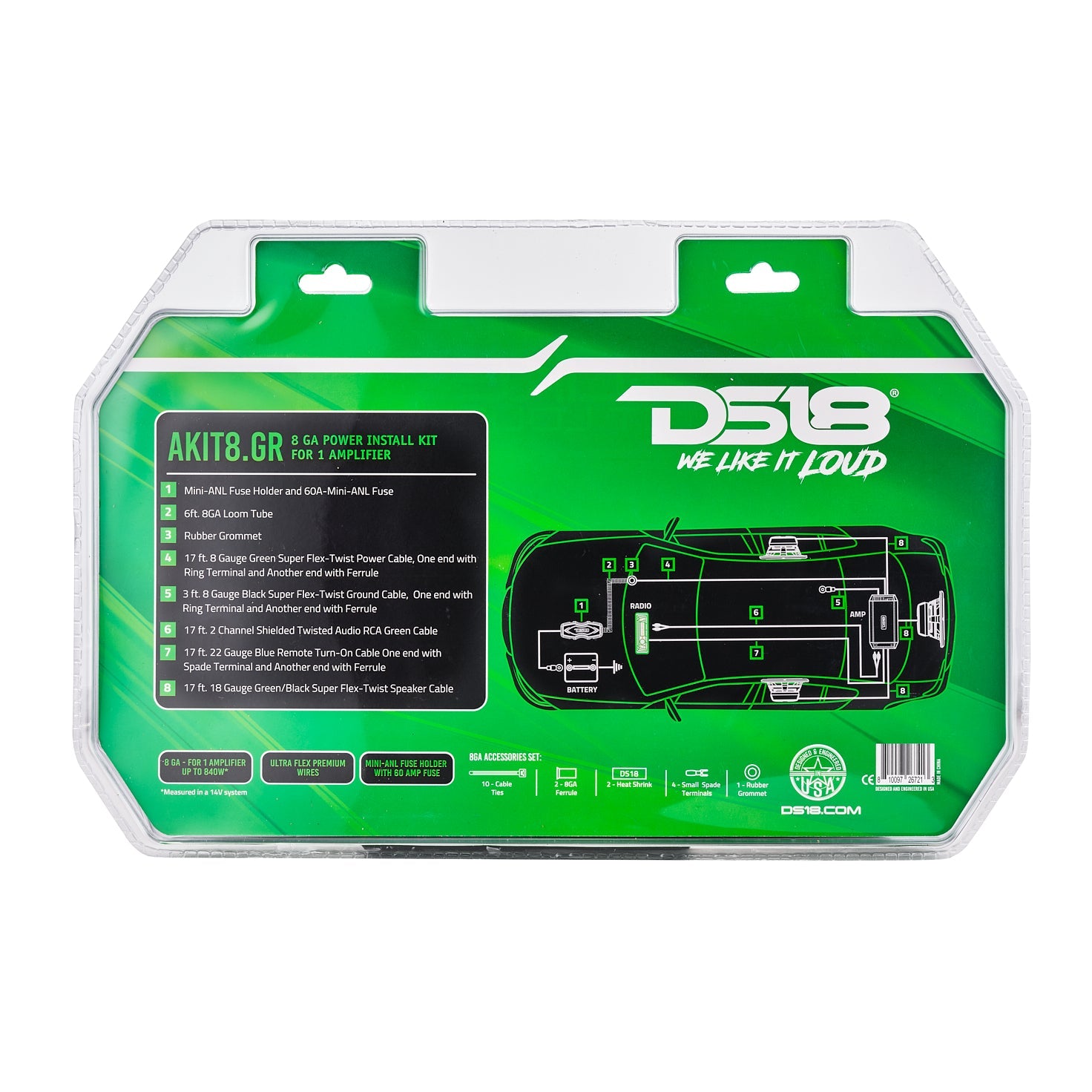 DS18 8-GA Amplifier Installation Wiring Kit - Green