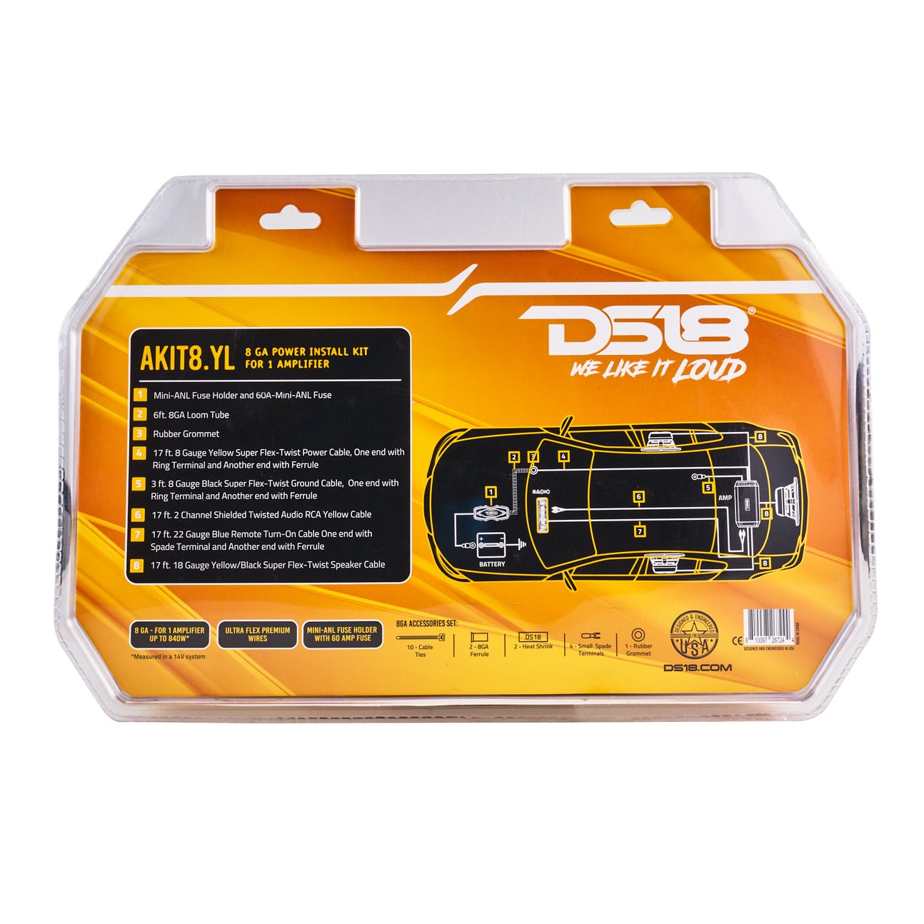 DS18 8-GA Amplifier Installation Wiring Kit - Yellow
