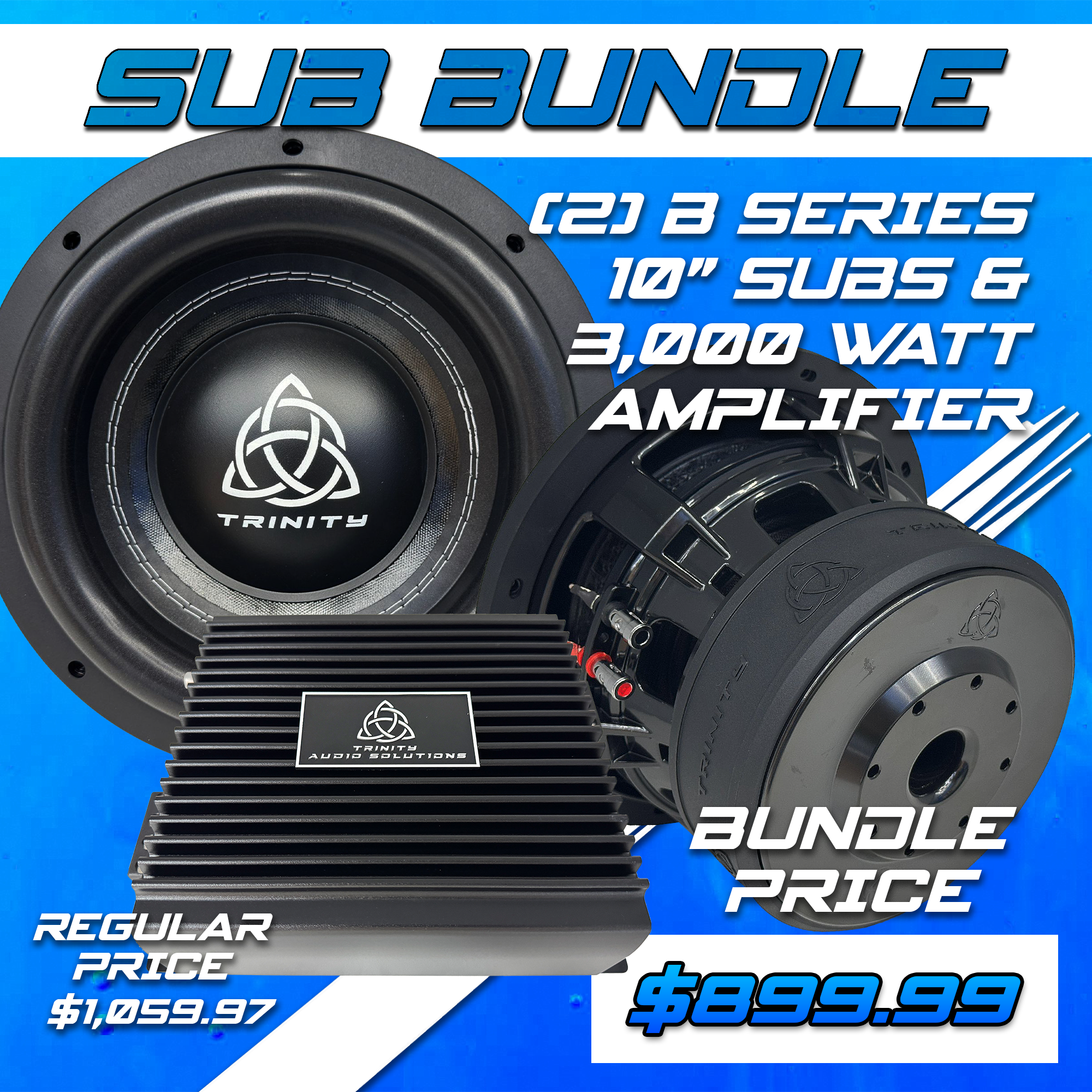 Trinity Audio Solutions Dual B Series 10" Subwoofers & LOGIQ-3K 3,000W Monoblock Amplifier