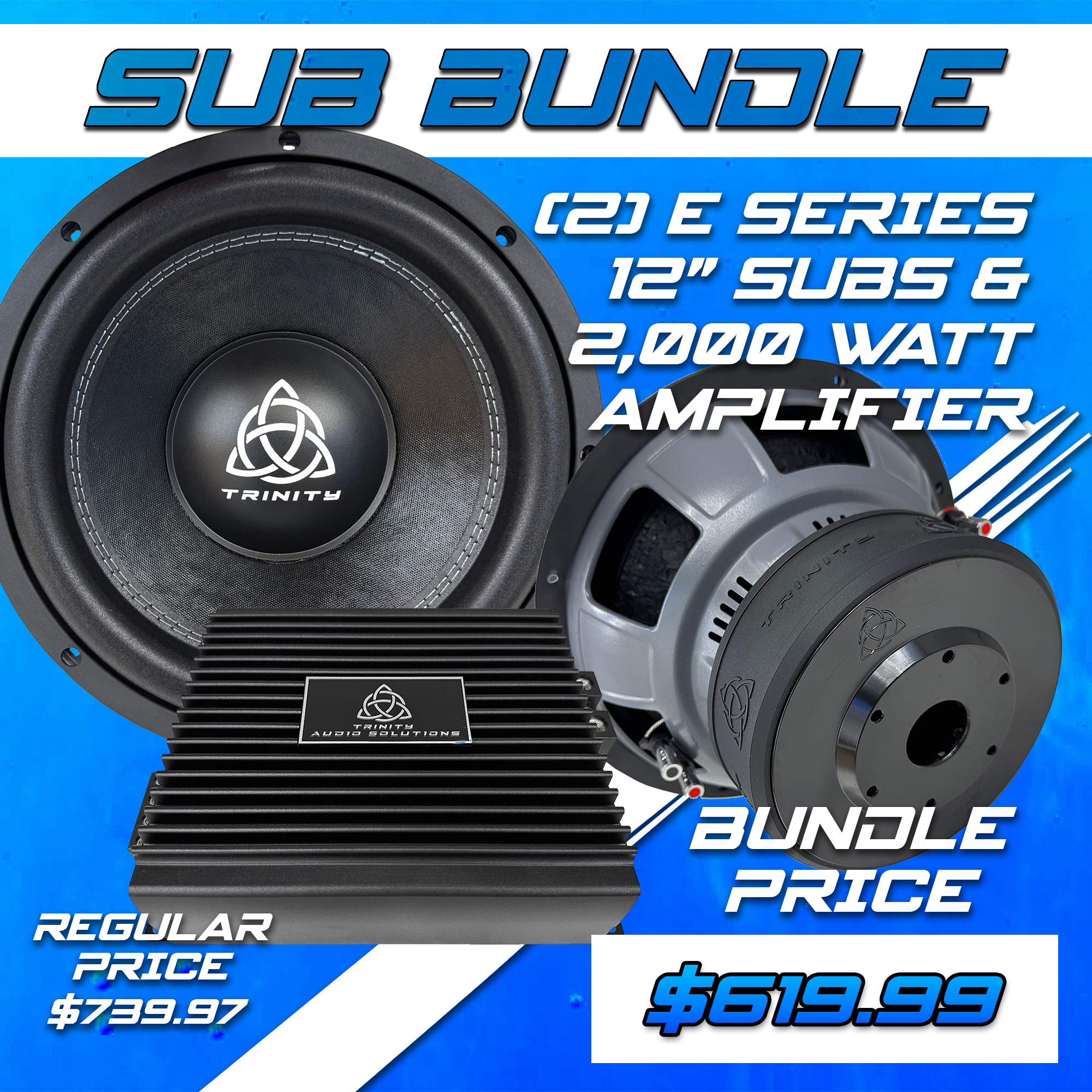 Trinity Audio Solutions Dual E Series 12" Subwoofers & 2000.1v2 Monoblock Amplifier Package — 2,000W