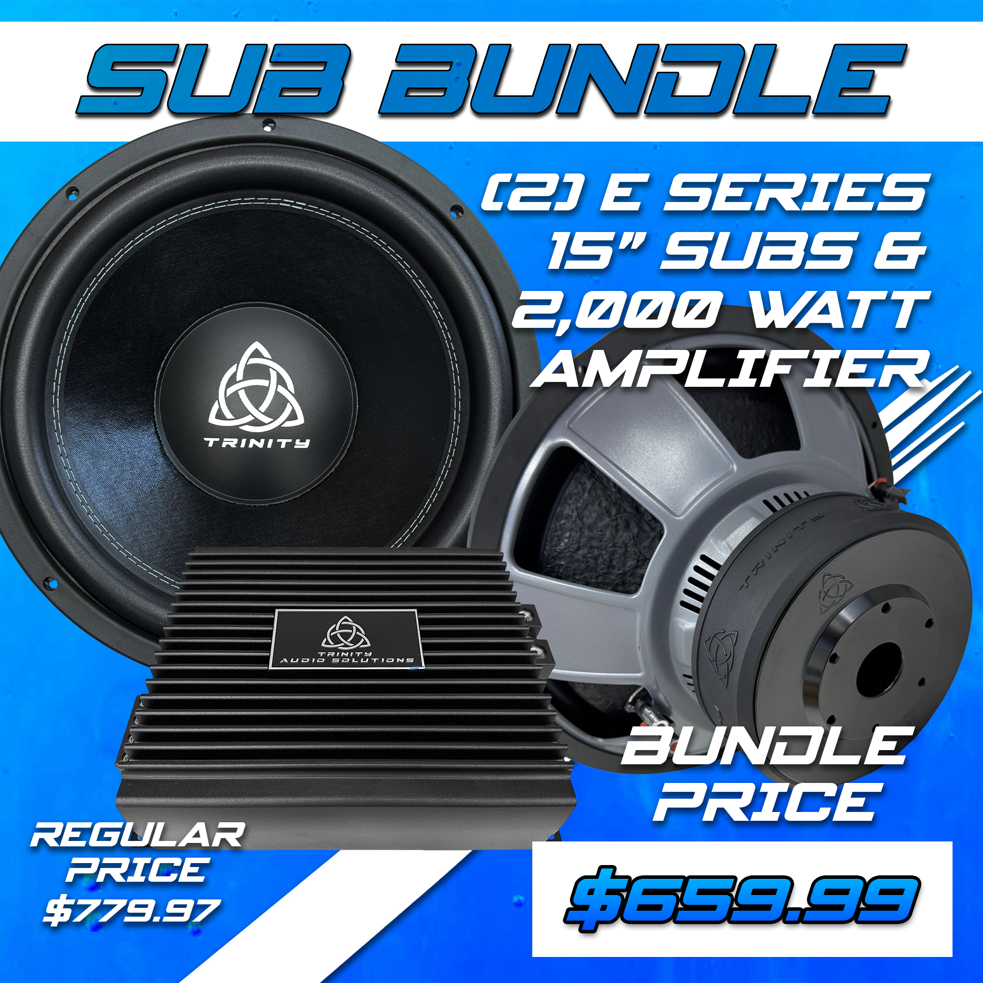 Trinity Audio Solutions Dual E Series 15" Subwoofers & 2000.1v2 2,000W Monoblock Amplifier