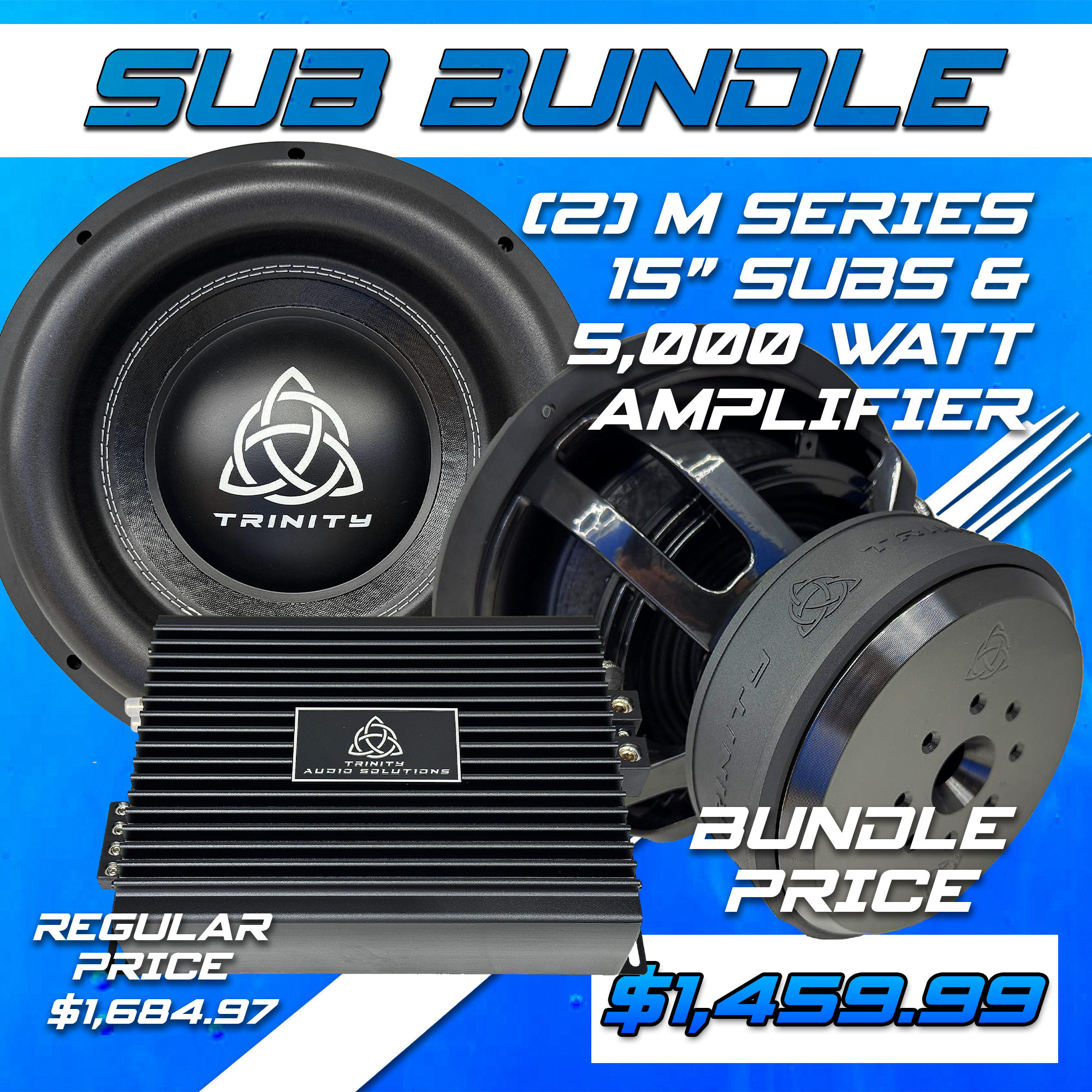 Trinity Audio Solutions Dual M Series 15" Subwoofers & 5000.1v2 5,000W Monoblock Amplifier
