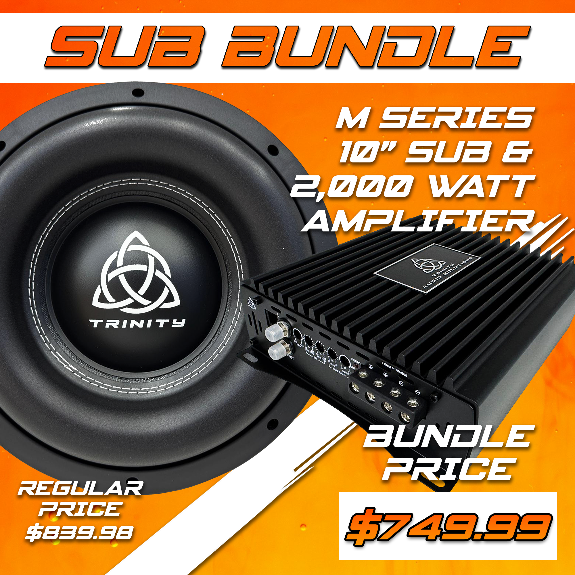 Trinity Audio Solutions Single M Series 10" Subwoofer & 2000.1v2 2,000W Monoblock Amplifier