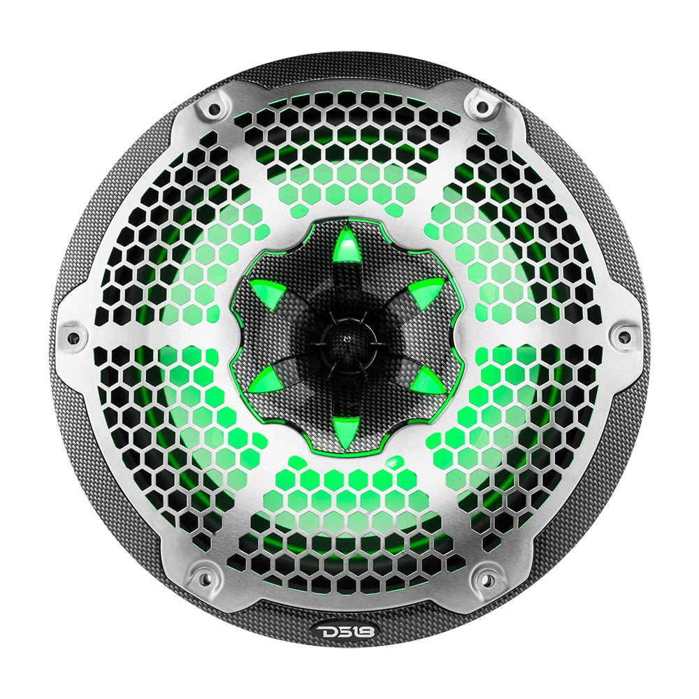DS18 NXL 10" 2-Way Coaxial Marine Speaker With LED RGB Lights 200 Watts Rms 4-Ohm -Black Carbon Fiber