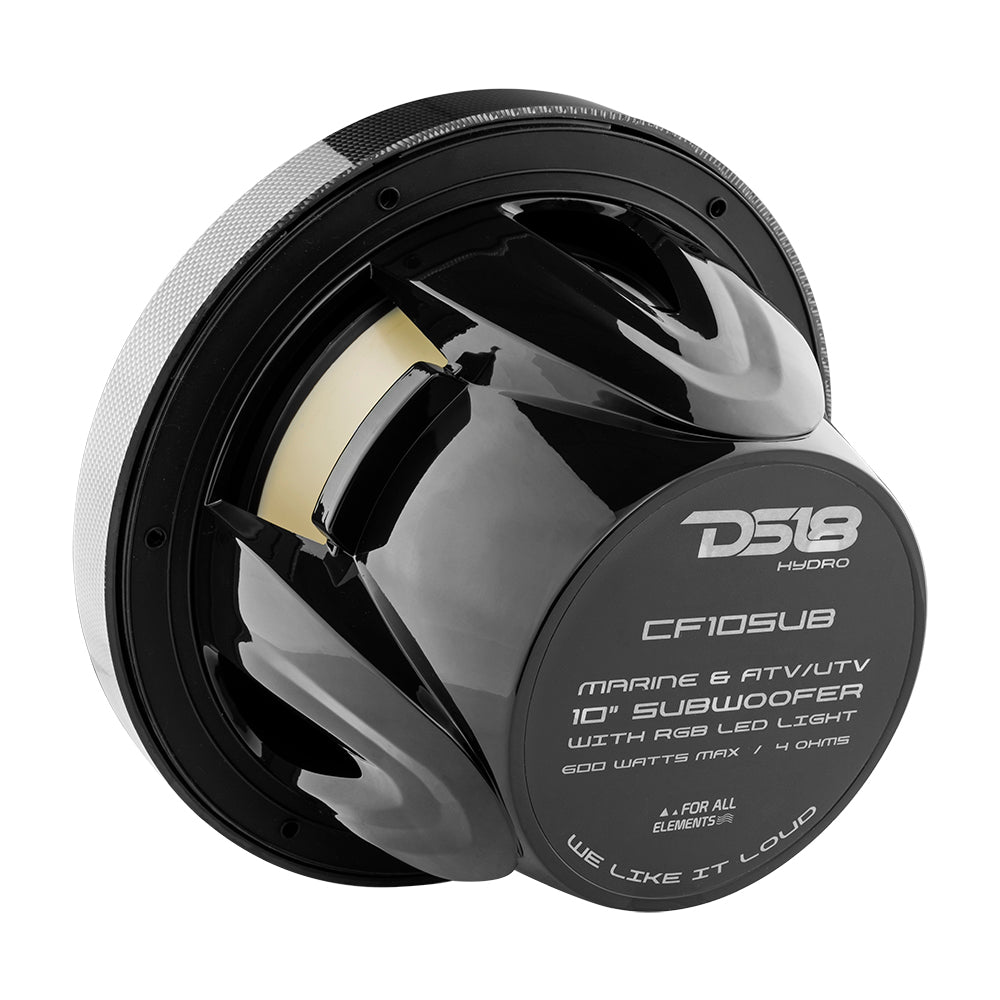DS18 NXL 10" Marine Subwoofer With LED RGB Lights 300 Watts Rms SVC 4-Ohm -Black Carbon Fiber