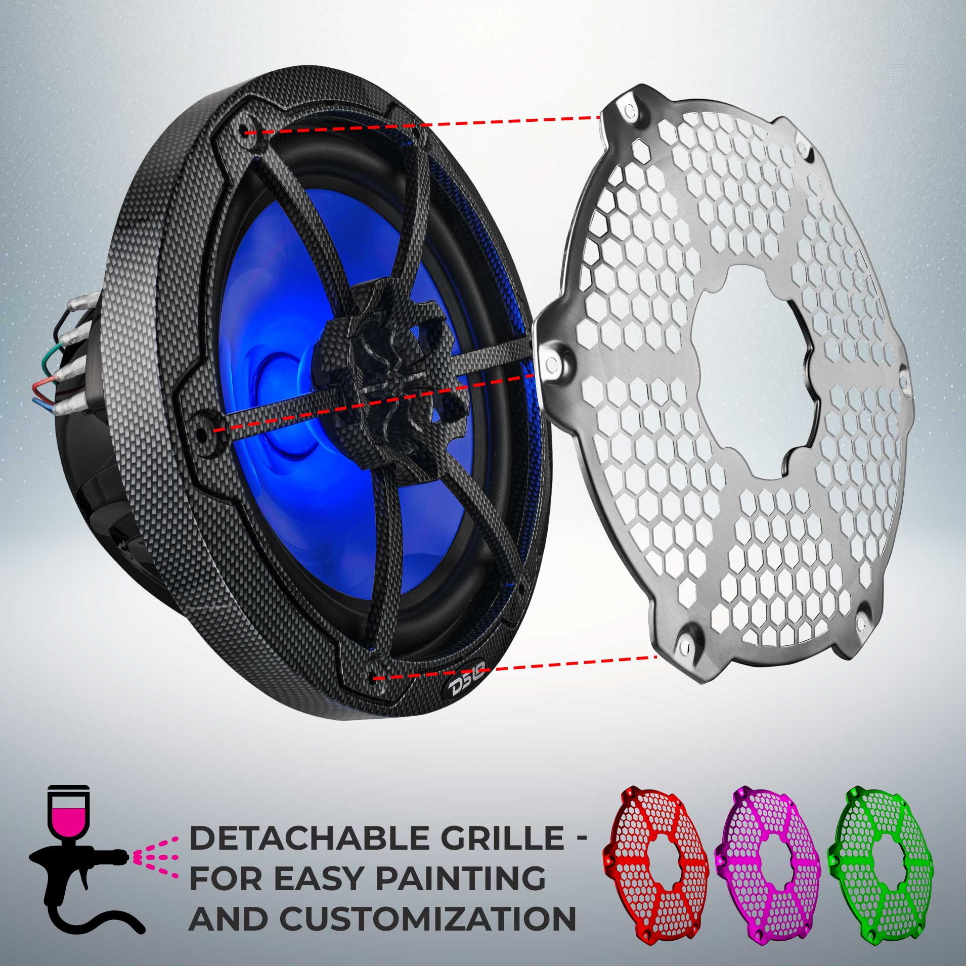 DS18 NXL 8" 2-Way Coaxial Marine Speaker With LED RGB Lights 125 Watts Rms 4-Ohm - Black Carbon Fiber