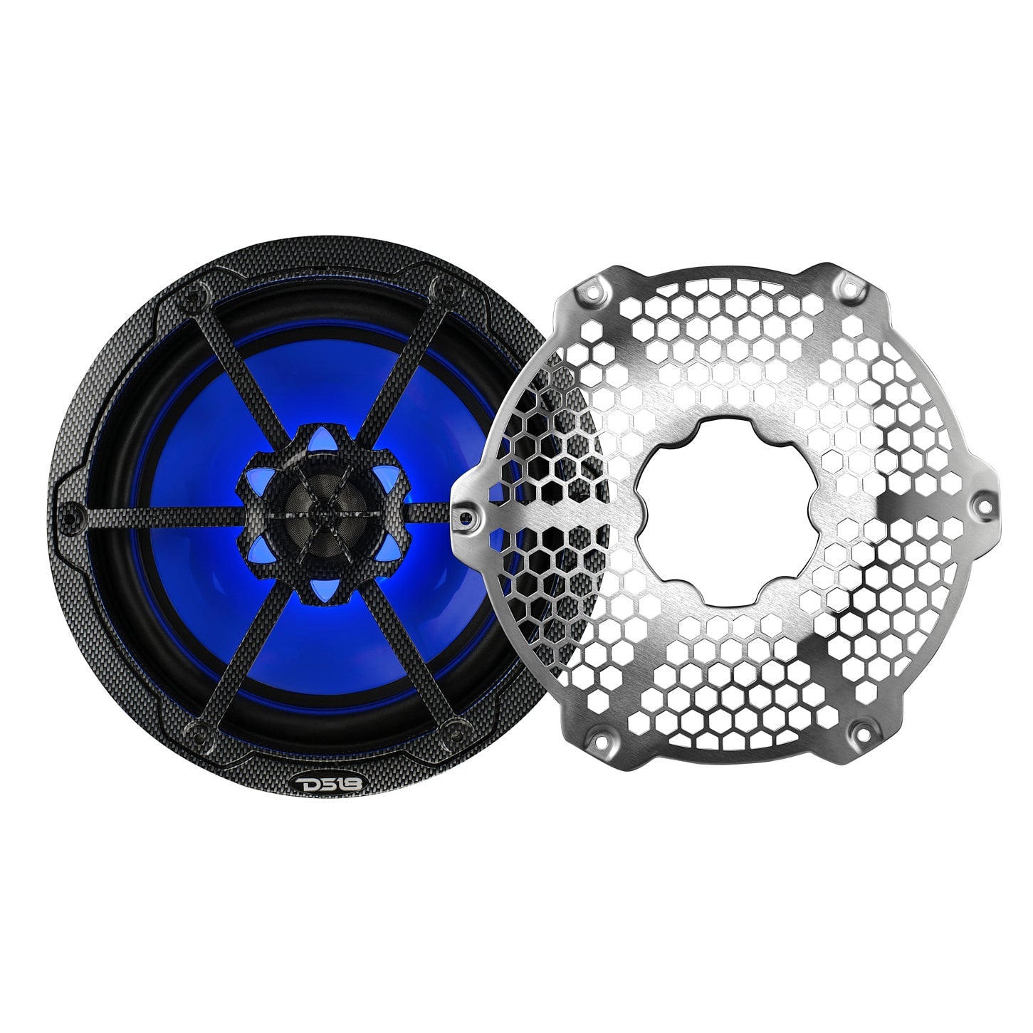 DS18 NXL 8" 2-Way Coaxial Marine Speaker With LED RGB Lights 125 Watts Rms 4-Ohm - Black Carbon Fiber