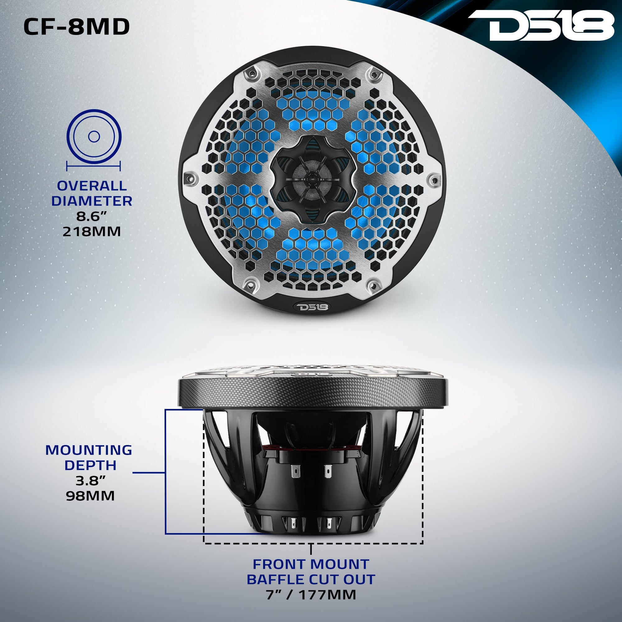 DS18 8” Marine 2-Way Hybrid Speaker with RGB LED, Compression Driver and Neodymium Magnet | 350W RMS 4-Ohm