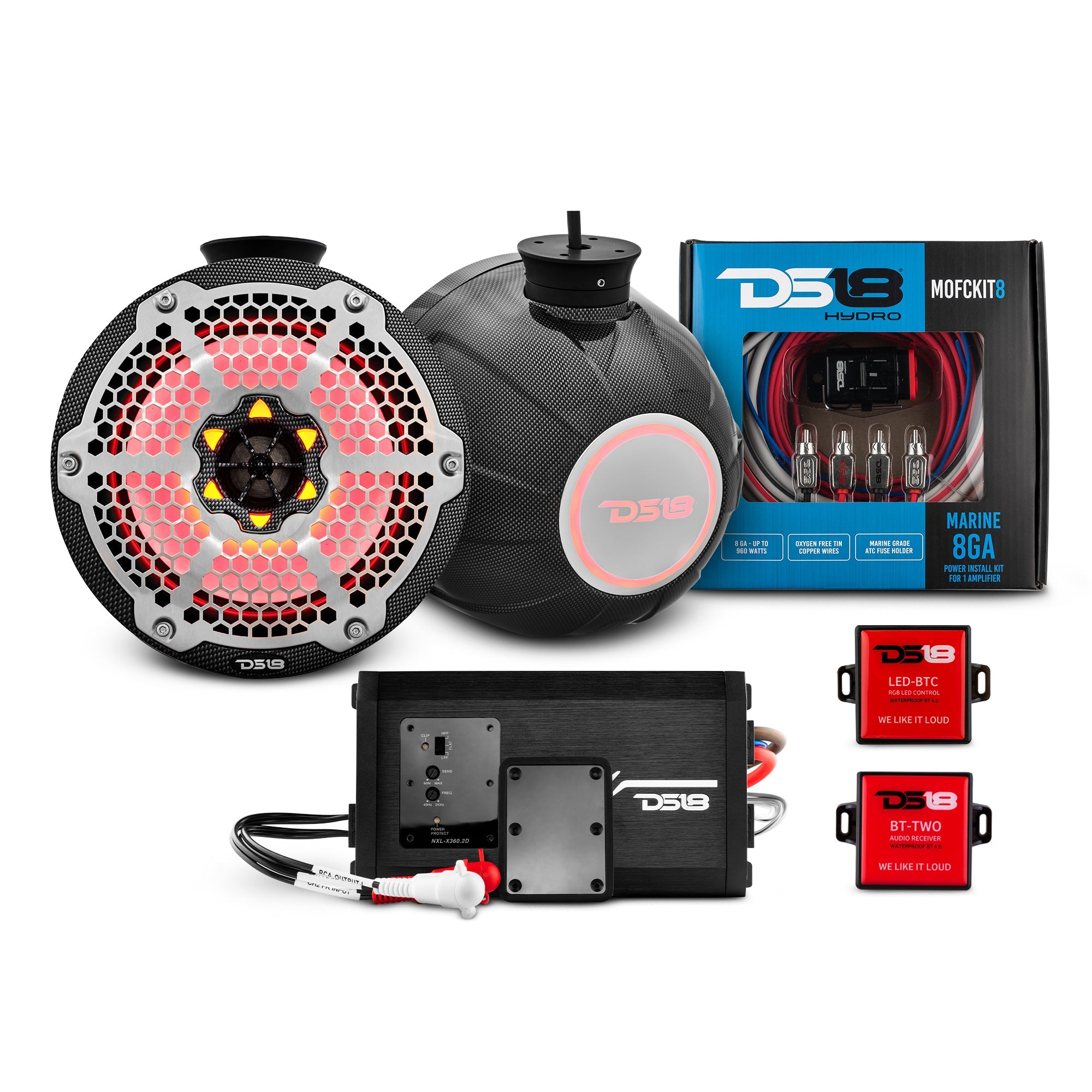 DS18 8" Compact Speaker Tower with Marine Amplifier, Installation Kit, and RGB LED Lights - Perfect Package for Jet Ski