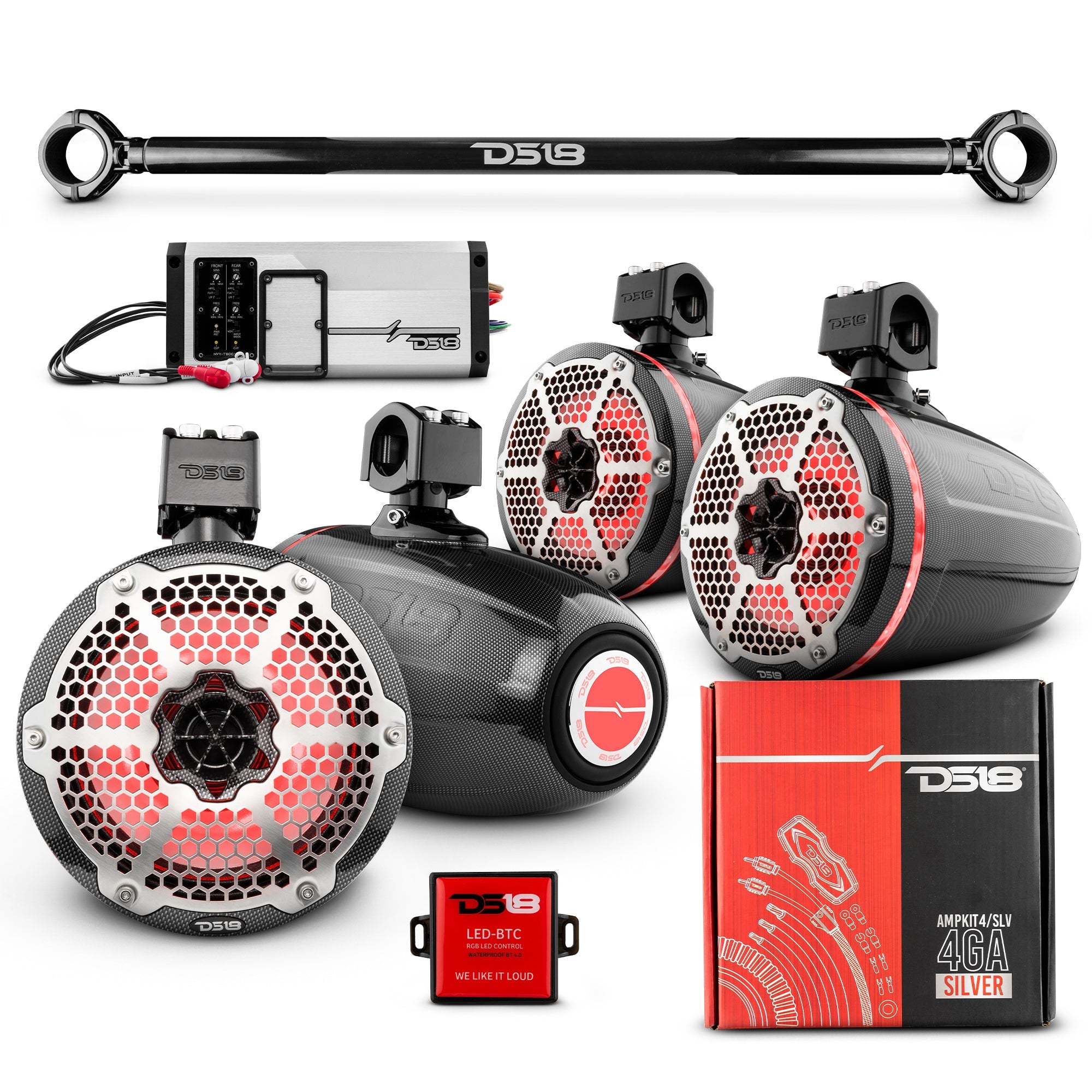 DS18 JK-TUBE 4x 8" Marine Towers Speakers with RGB LED Lights, 4-Channel Marine Amplifier and AMPKIT for Jeep JK/JKU