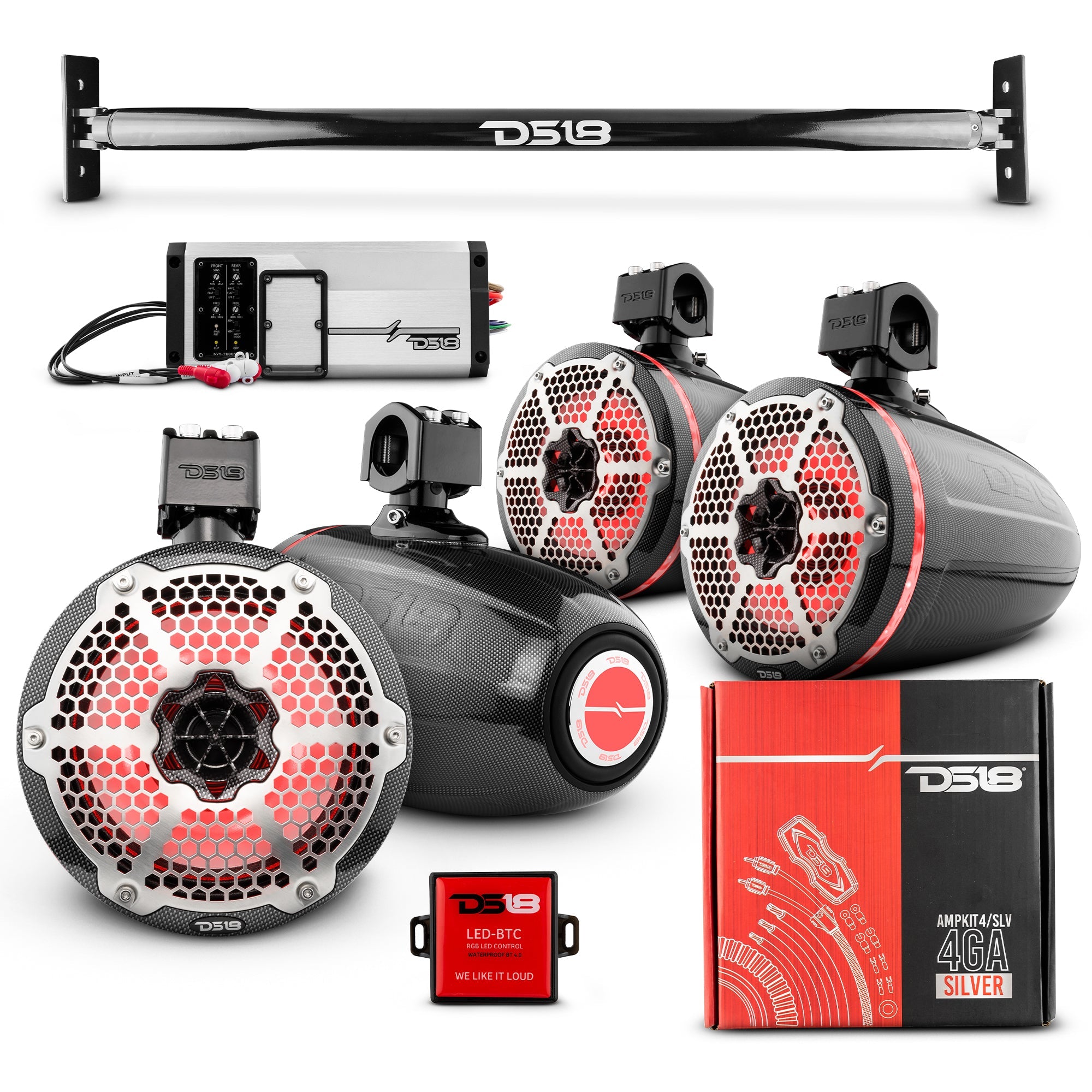 DS18 JL-TUBE 4x 8" Marine Towers Speakers with RGB LED Lights, 4-Channel Marine Amplifier and AMPKIT for Jeep JL