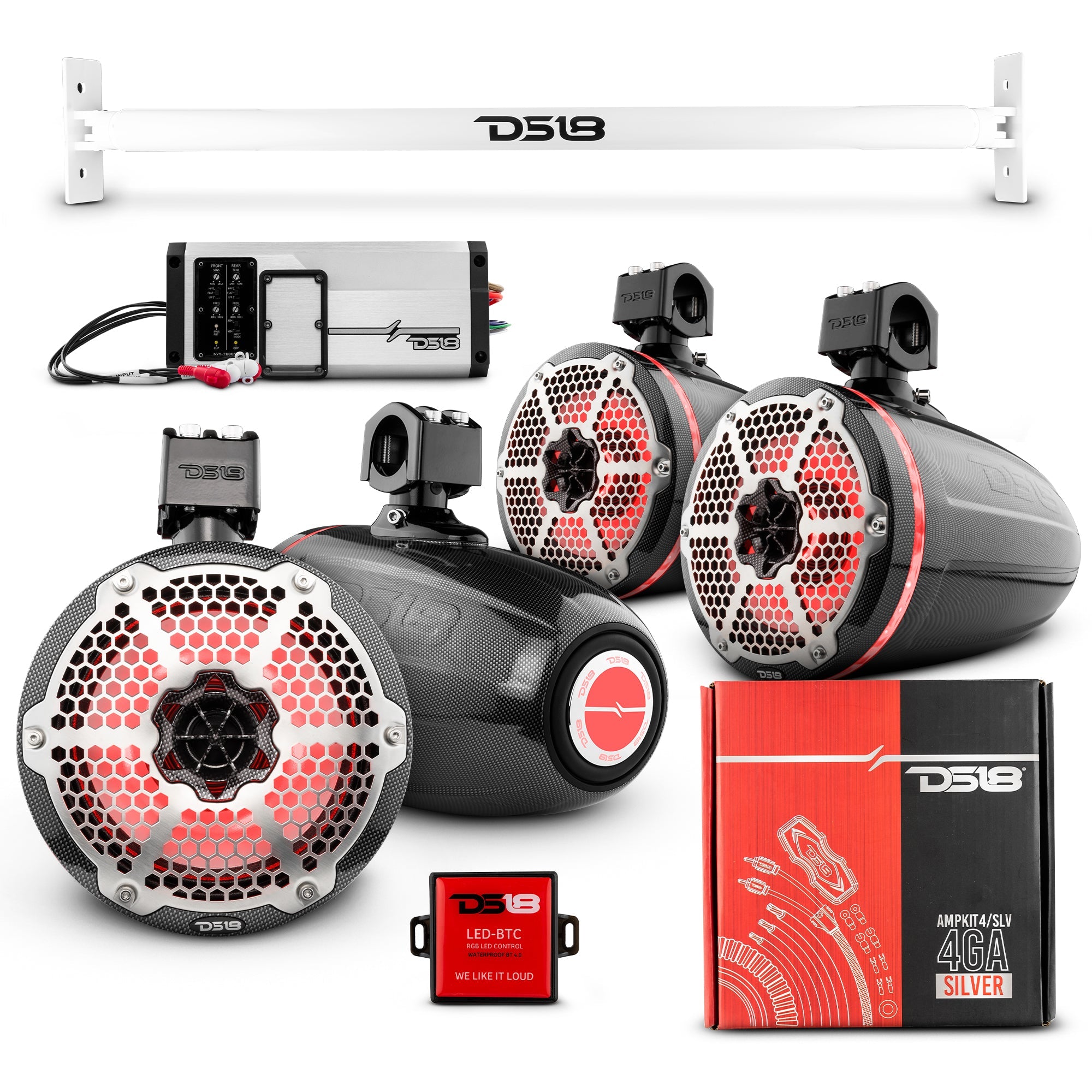 DS18 JL-TUBE 4x 8" Marine Towers Speakers with RGB LED Lights, 4-Channel Marine Amplifier and AMPKIT for Jeep JL