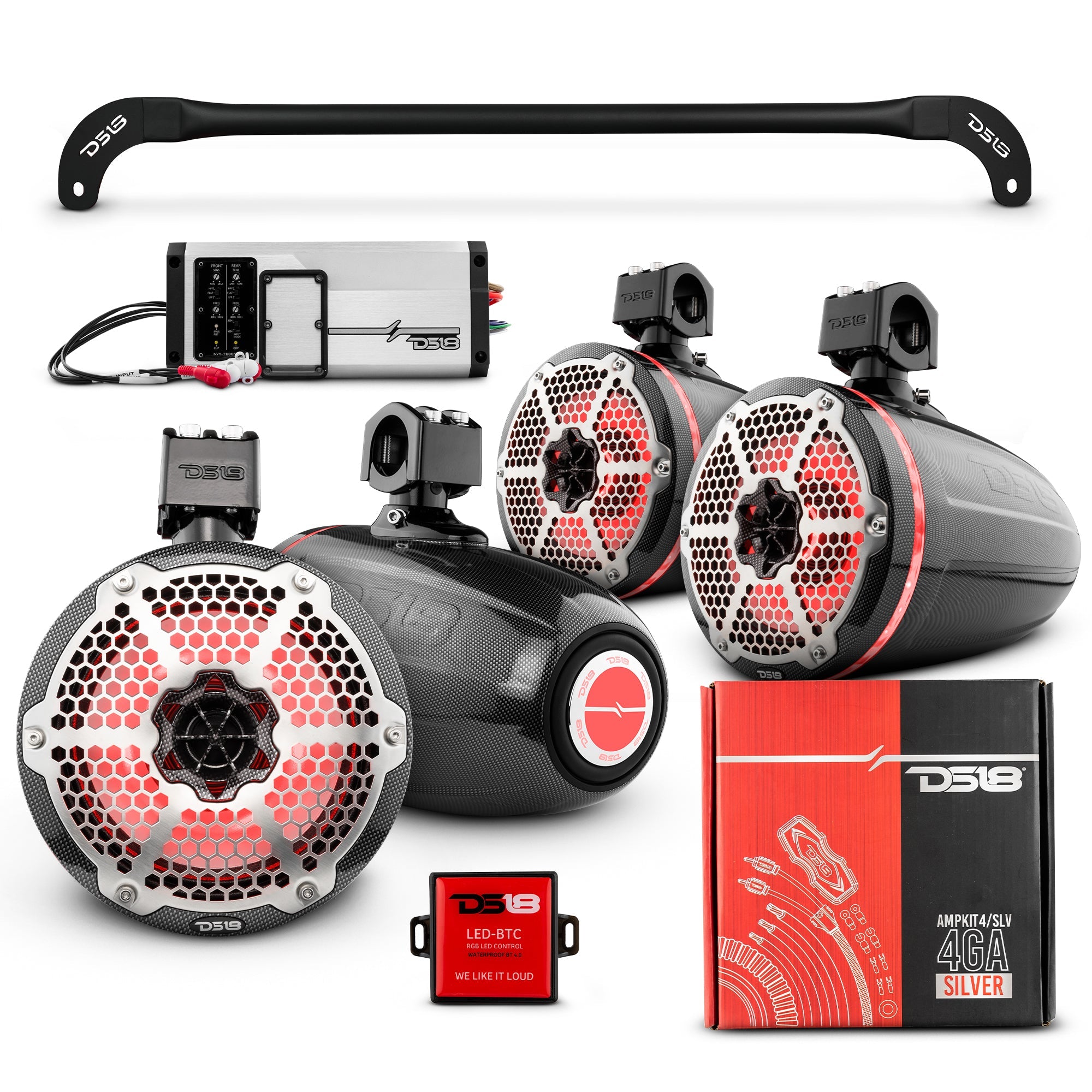 DS18 JL-TUBESOFT 4x 8" Marine Towers Speakers with RGB LED Lights, 4-Channel Marine Amplifier and AMPKIT for JLU Soft Top