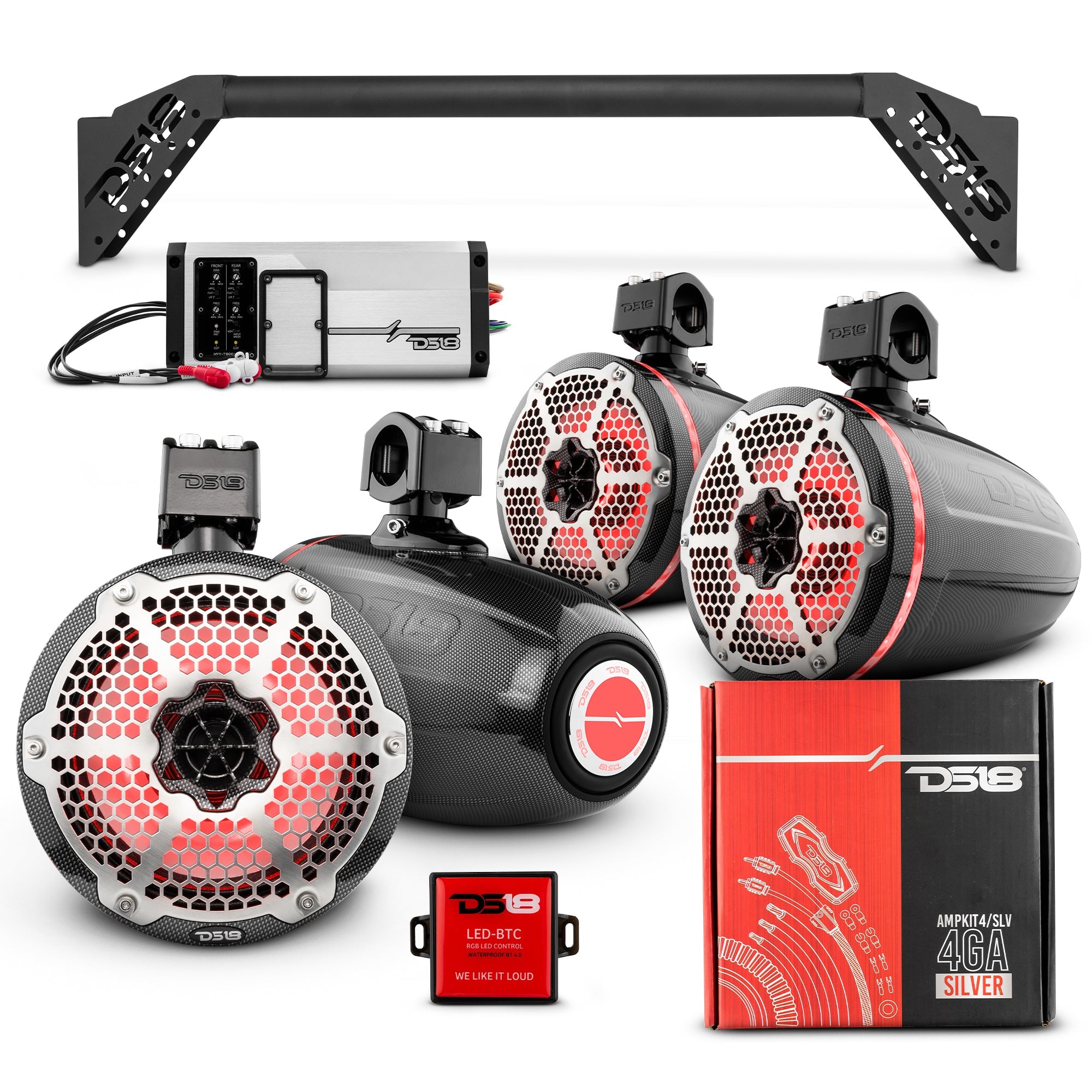 DS18 JL-TUBEUP 4x 8" Marine Towers Speakers with RGB LED Lights, 4-Channel Marine Amplifier and AMPKIT for Jeep JLU