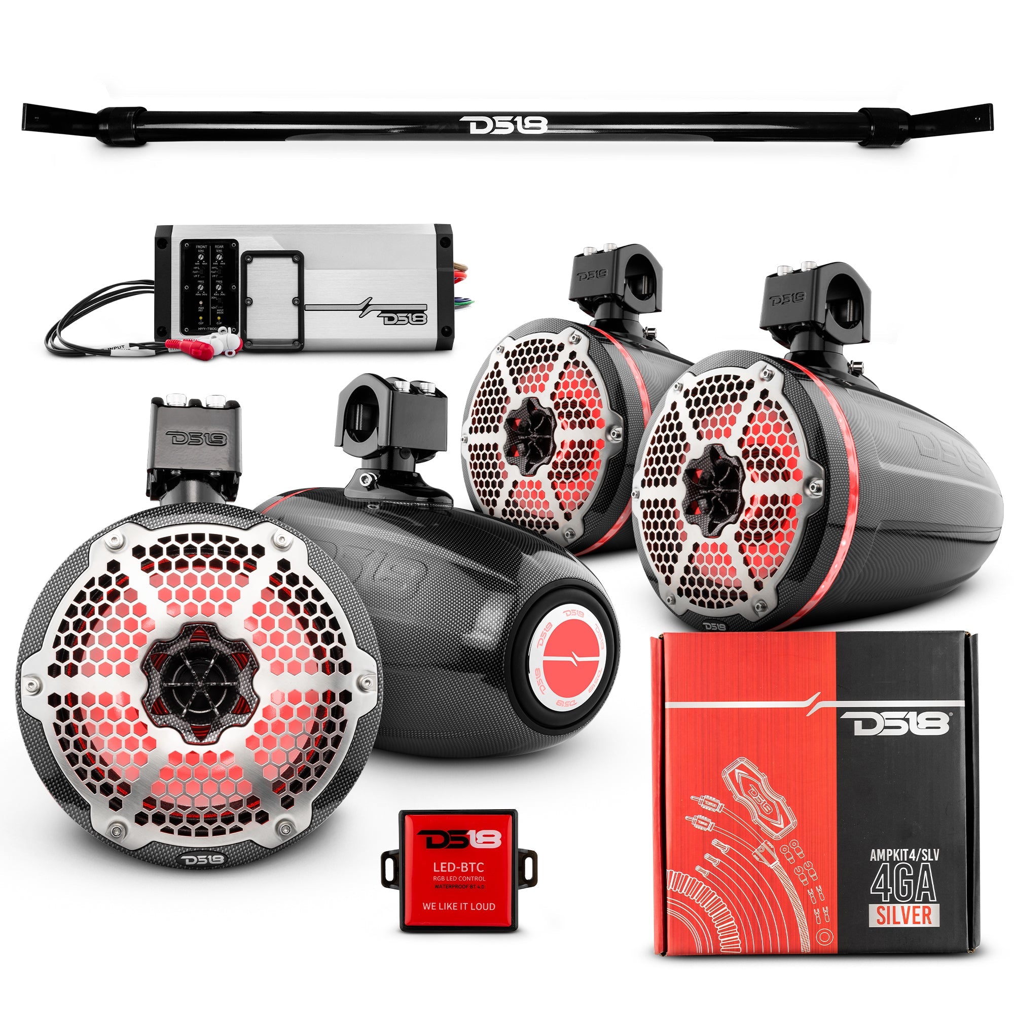 DS18 JT-TUBE 4x 8" Marine Towers Speakers with RGB LED Lights, 4-Channel Marine Amplifier and AMPKIT for Jeep JT Gladiator