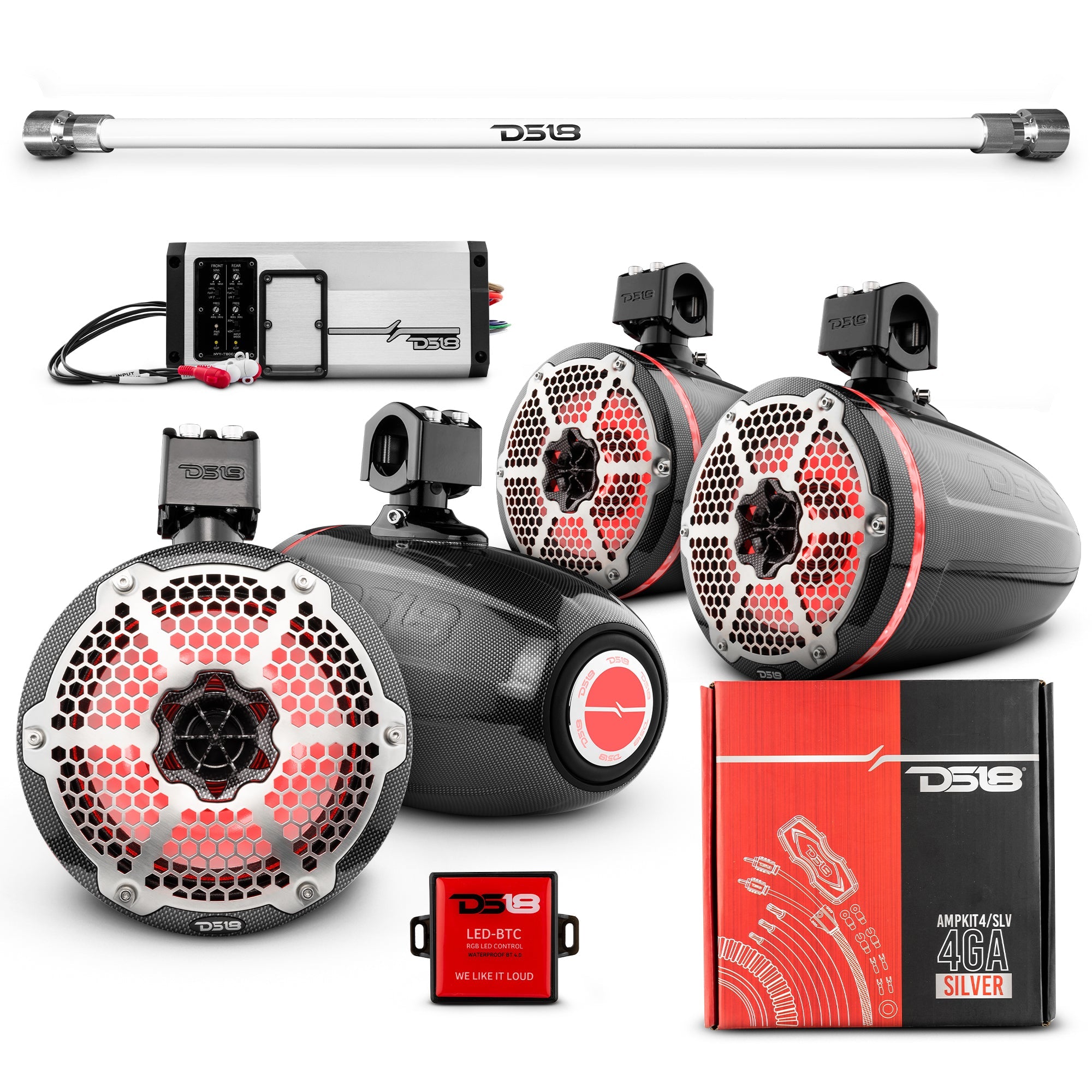 DS18 PU-TUBE 4x 8" Marine Towers Speakers with RGB LED Lights, 4-Channel Marine Amplifier and AMPKIT for Pick Up & Trucks