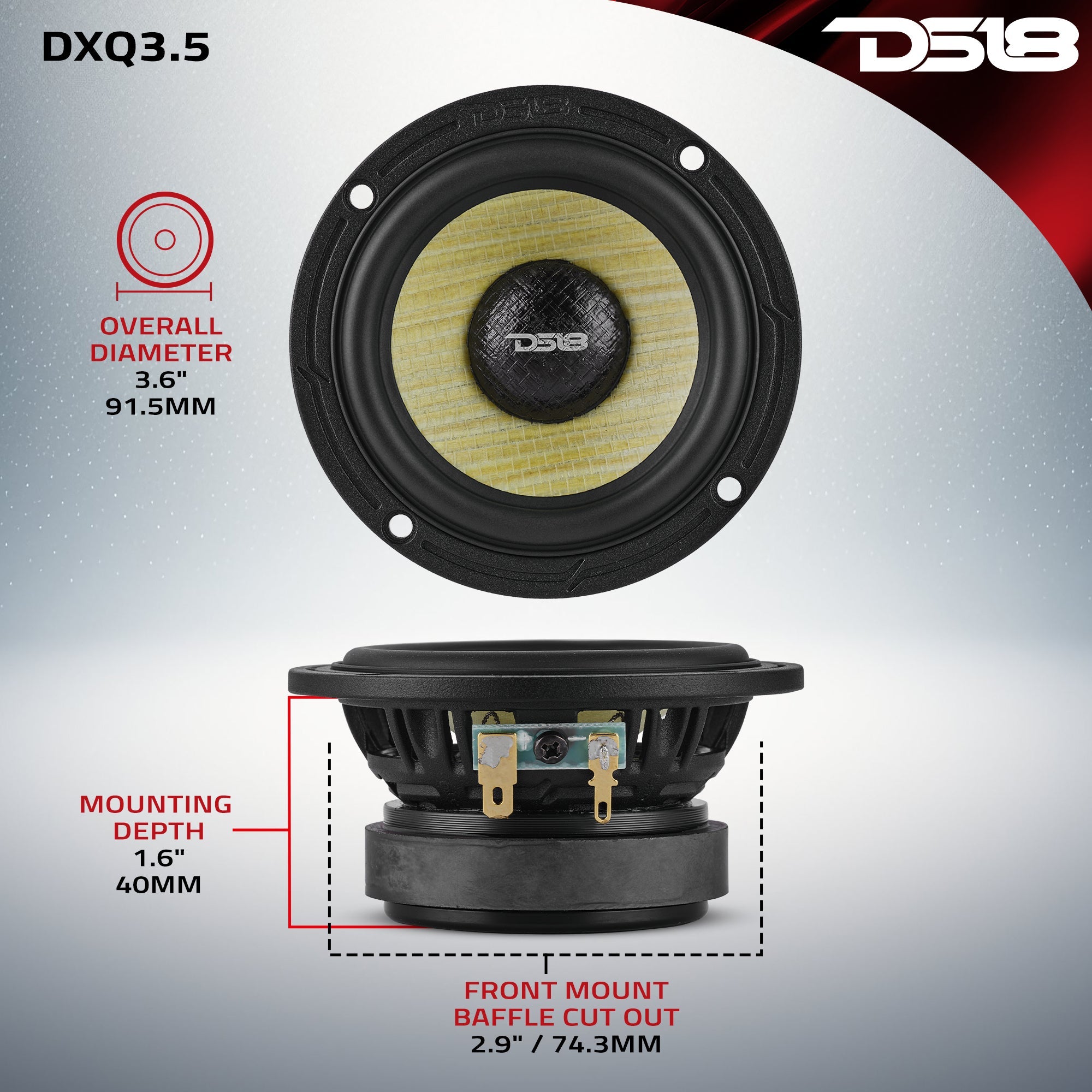 DS18 DXQ 3.5” Midrange Speaker with Yellow Straw + Composite Foam Cone | 60W RMS 4-Ohm