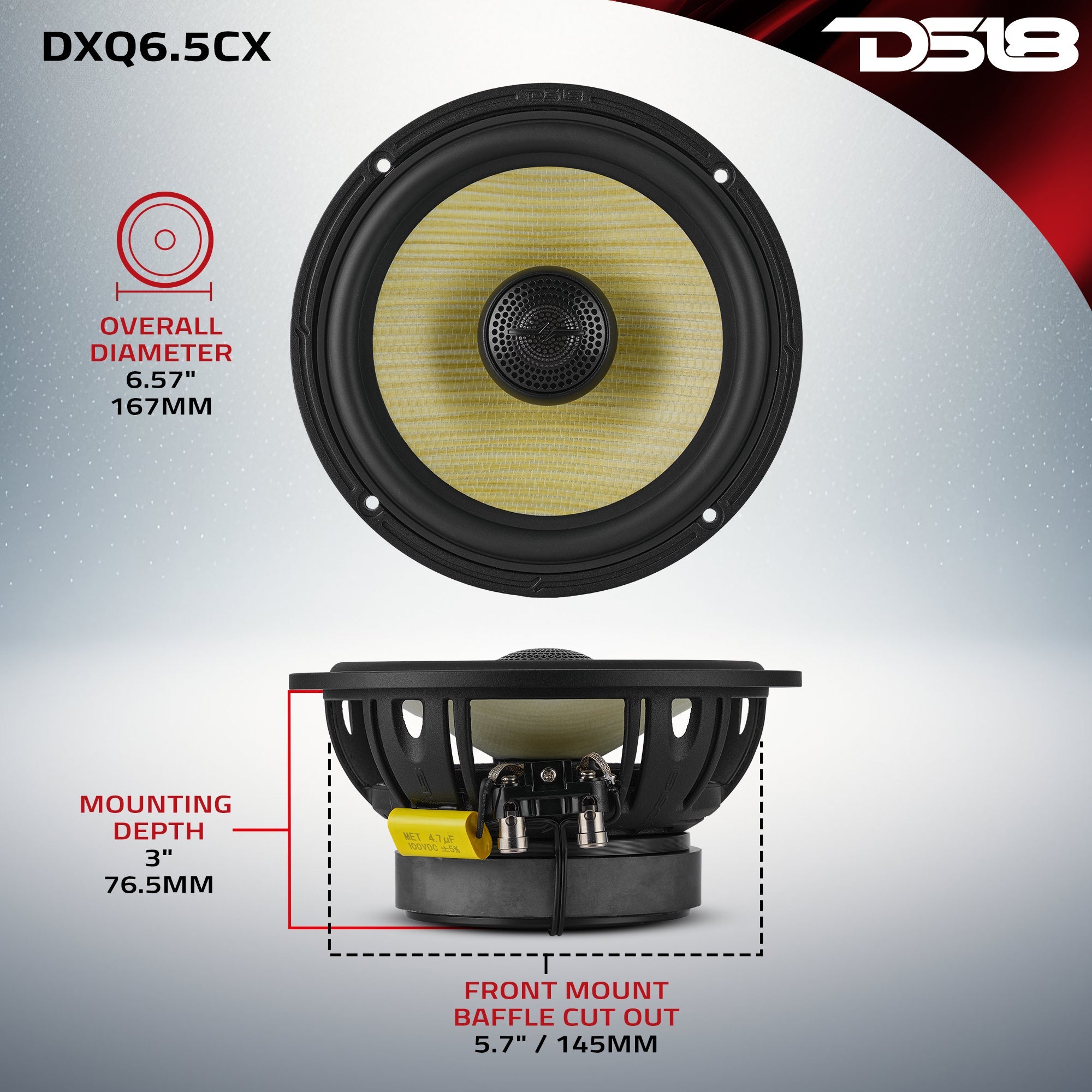 DS18 DXQ 6.5" 2-Way Coaxial Speaker with Yellow Straw and Composite Foam Cone | 150W RMS 4-Ohm