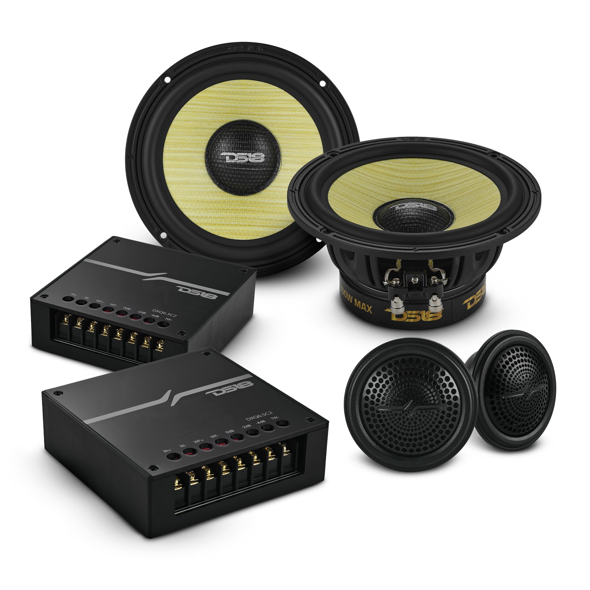 DS18 DXQ 6.5" 2-Way Component Speaker Set with Yellow Straw + Composite Foam Cone | 150W RMS 4-Ohm
