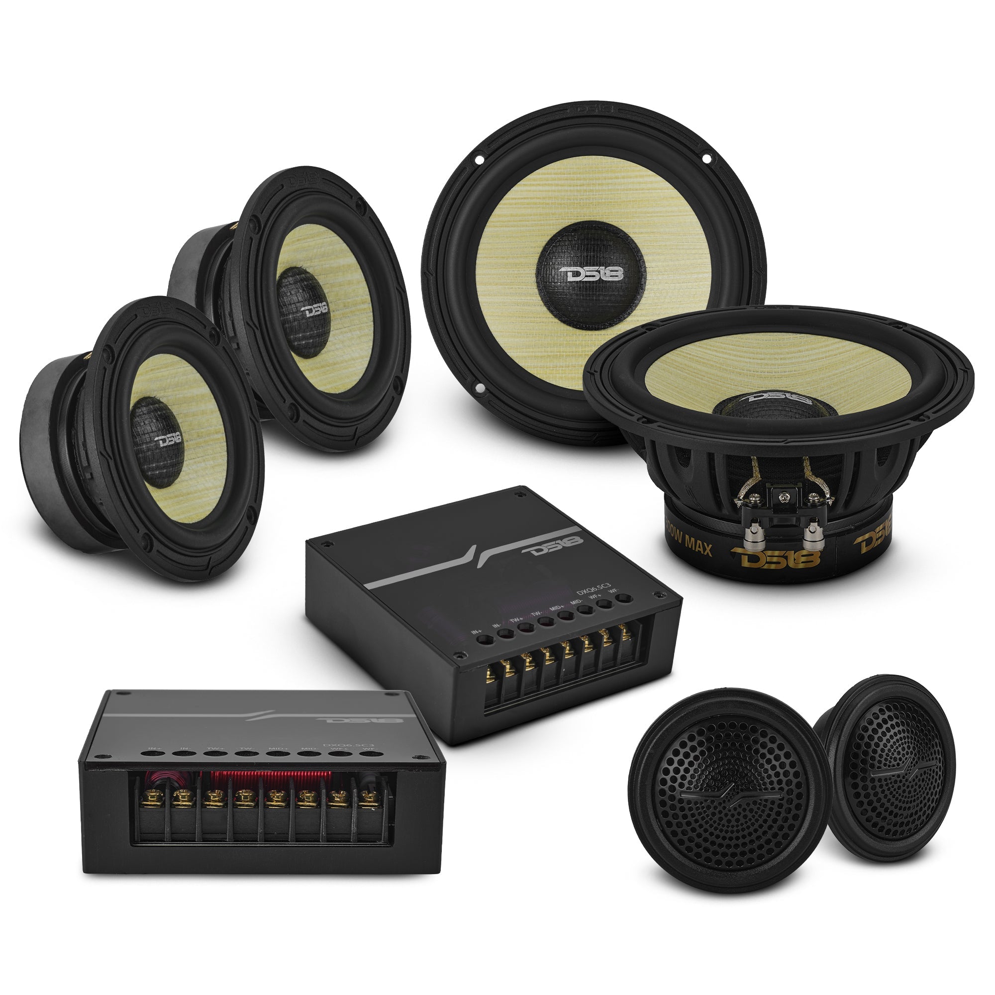 DS18 DXQ 6.5" 3-Way Component Speaker Set with Yellow Straw + Composite Foam Cone | 150W RMS 4-Ohm