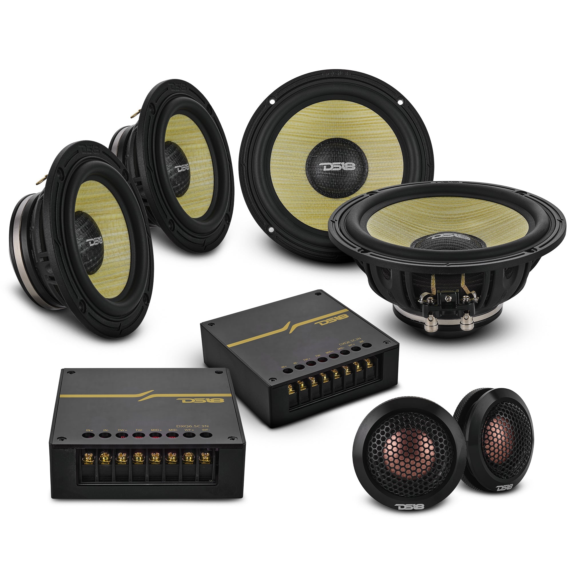 DS18 DXQ 6.5" 3-Way Component Speaker Set with Neodymium Magnet and Yellow Straw + Composite Foam Cone | | 180W RMS 4-Ohm