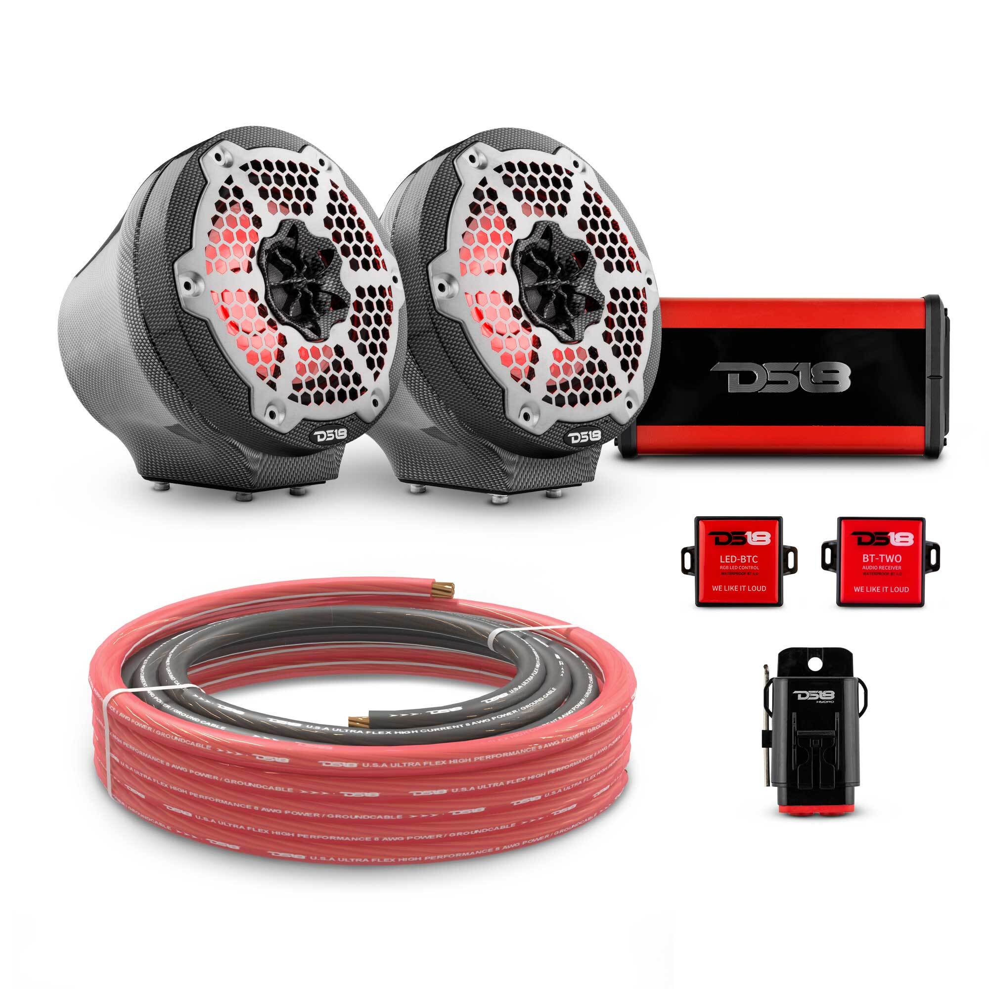 DS18 6.5" Loaded Flat Mount Speaker Pods with Amplifier, Installation Kit and RGB LED Lights, Package for Can-Am Spyder & Ryker