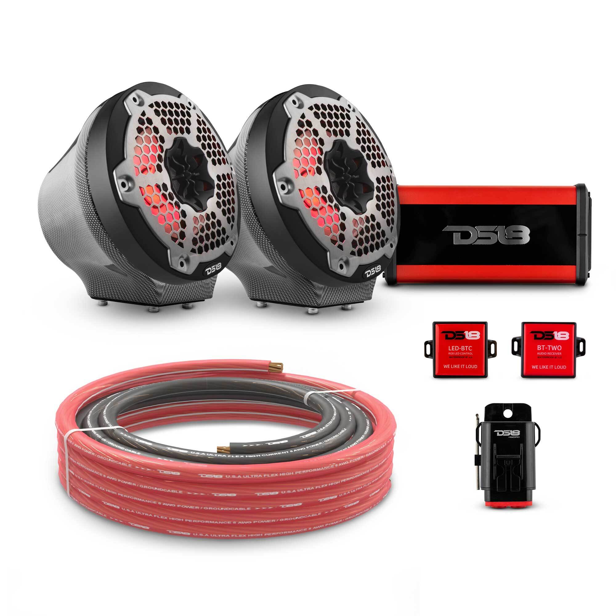 DS18 6.5" Loaded Flat Mount Speaker Pods with Amplifier, Installation Kit and RGB LED Lights, Package for Can-Am Spyder & Ryker
