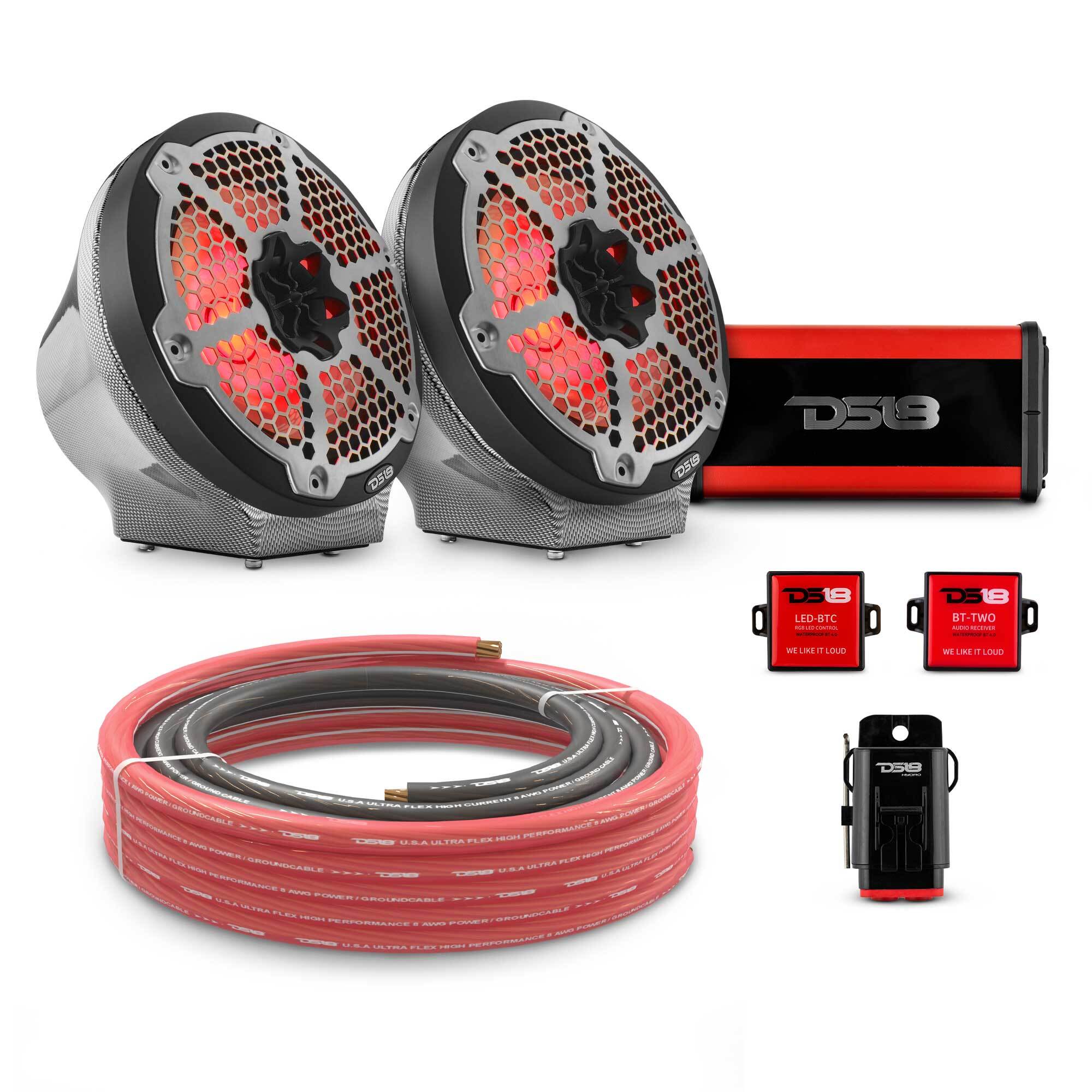 DS18 8" Loaded Flat Mount Speaker Pods with Amplifier, Installation Kit and RGB LED Lights, Package for Can-Am Spyder & Ryker