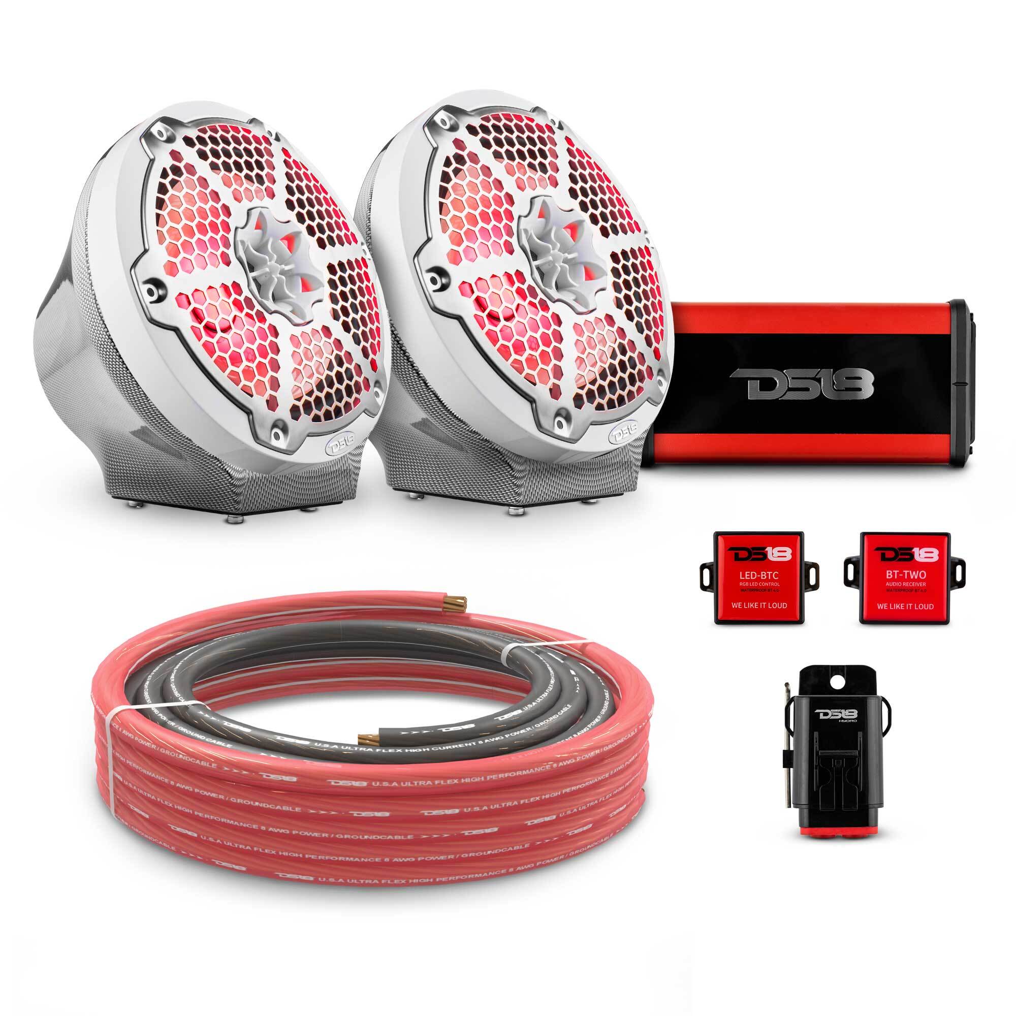 DS18 8" Loaded Flat Mount Speaker Pods with Amplifier, Installation Kit and RGB LED Lights, Package for Can-Am Spyder & Ryker