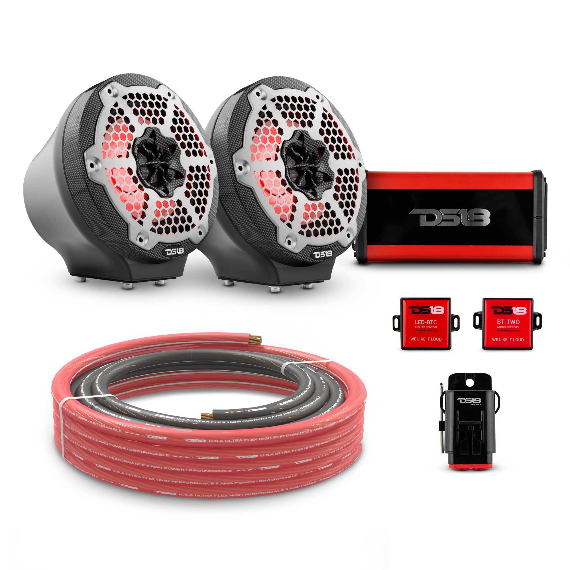 DS18 6.5" Loaded Flat Mount Speaker Pods with Amplifier, Installation Kit and RGB LED Lights, Package for Can-Am Spyder & Ryker
