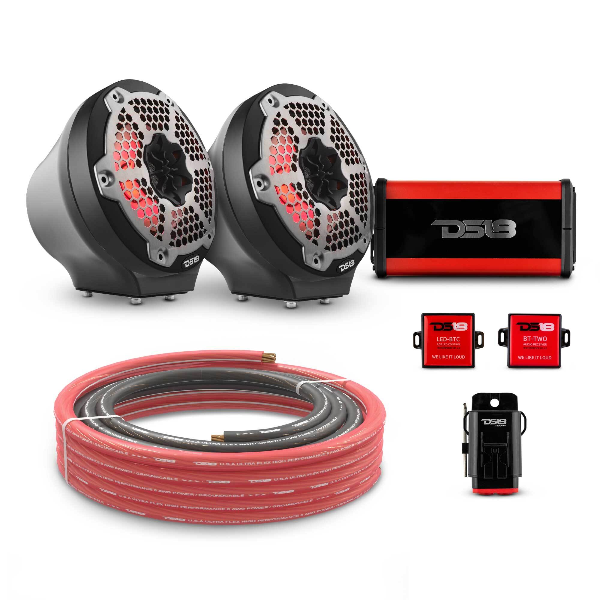 DS18 6.5" Loaded Flat Mount Speaker Pods with Amplifier, Installation Kit and RGB LED Lights, Package for Can-Am Spyder & Ryker