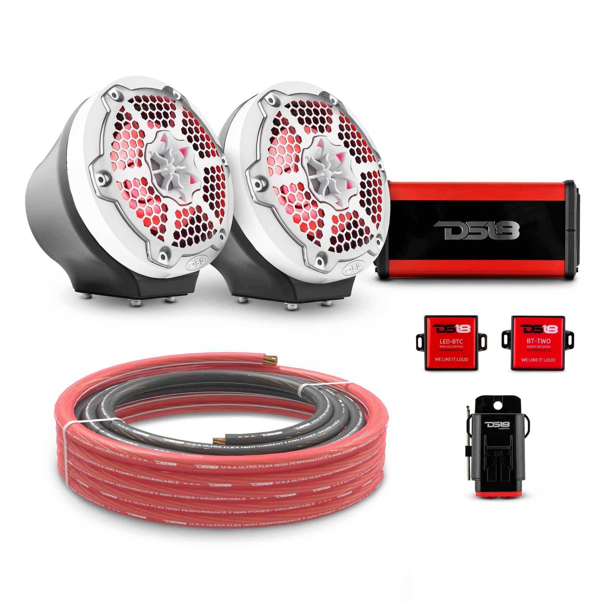 DS18 6.5" Loaded Flat Mount Speaker Pods with Amplifier, Installation Kit and RGB LED Lights, Package for Can-Am Spyder & Ryker