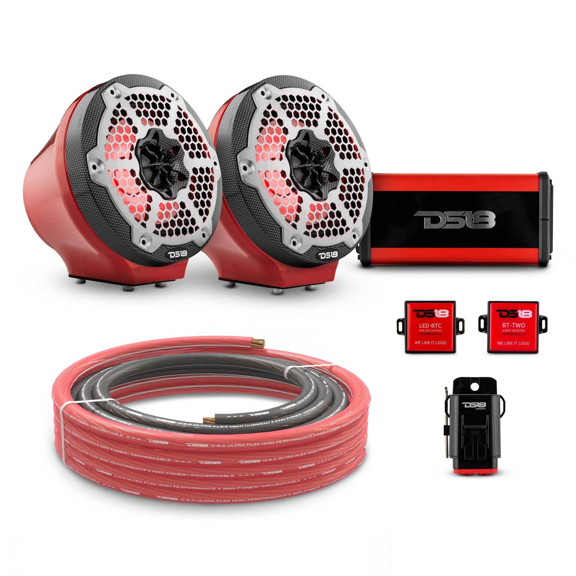 DS18 6.5" Loaded Flat Mount Speaker Pods with Amplifier, Installation Kit and RGB LED Lights, Package for Can-Am Spyder & Ryker
