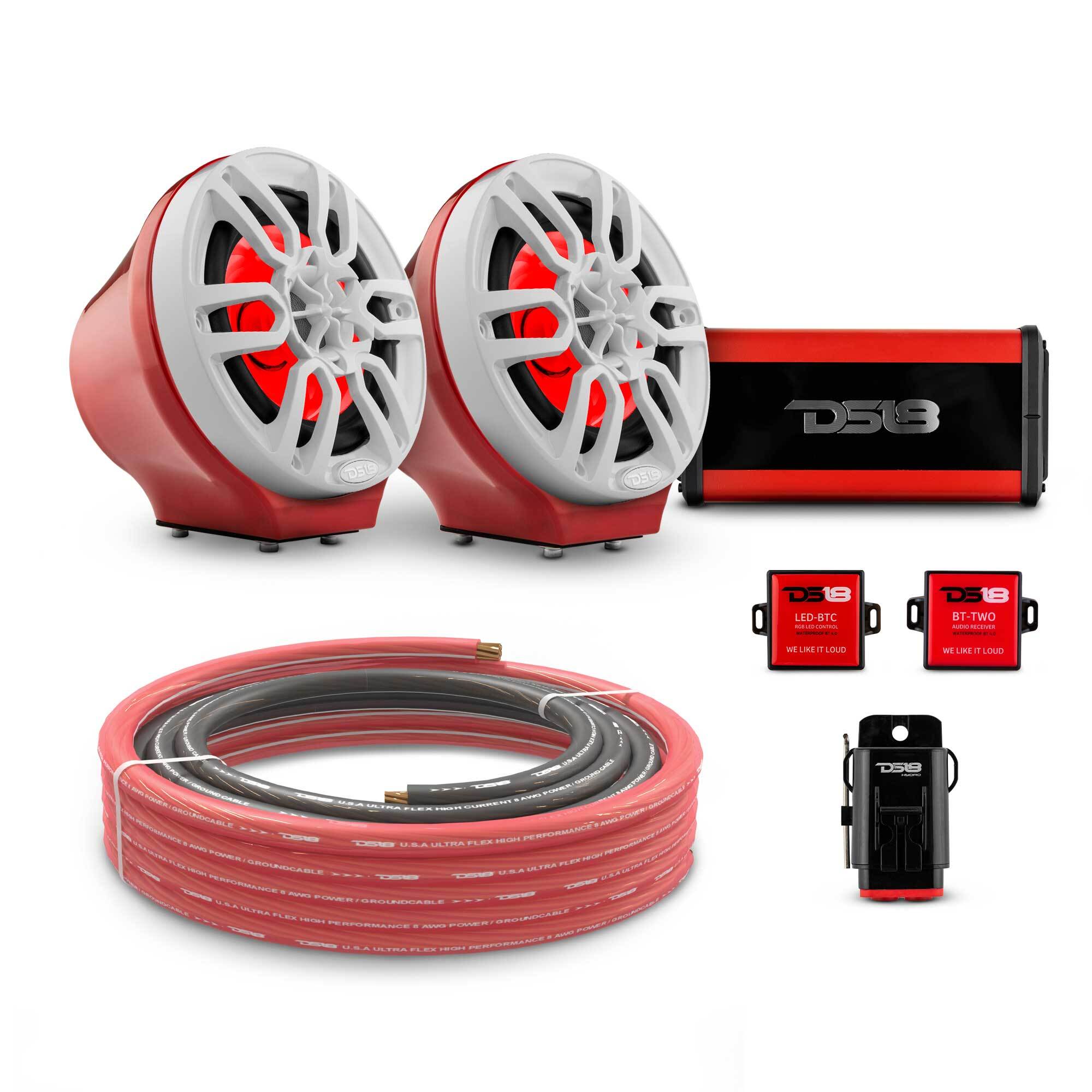 DS18 6.5" Loaded Flat Mount Speaker Pods with Amplifier, Installation Kit and RGB LED Lights, Package for Can-Am Spyder & Ryker