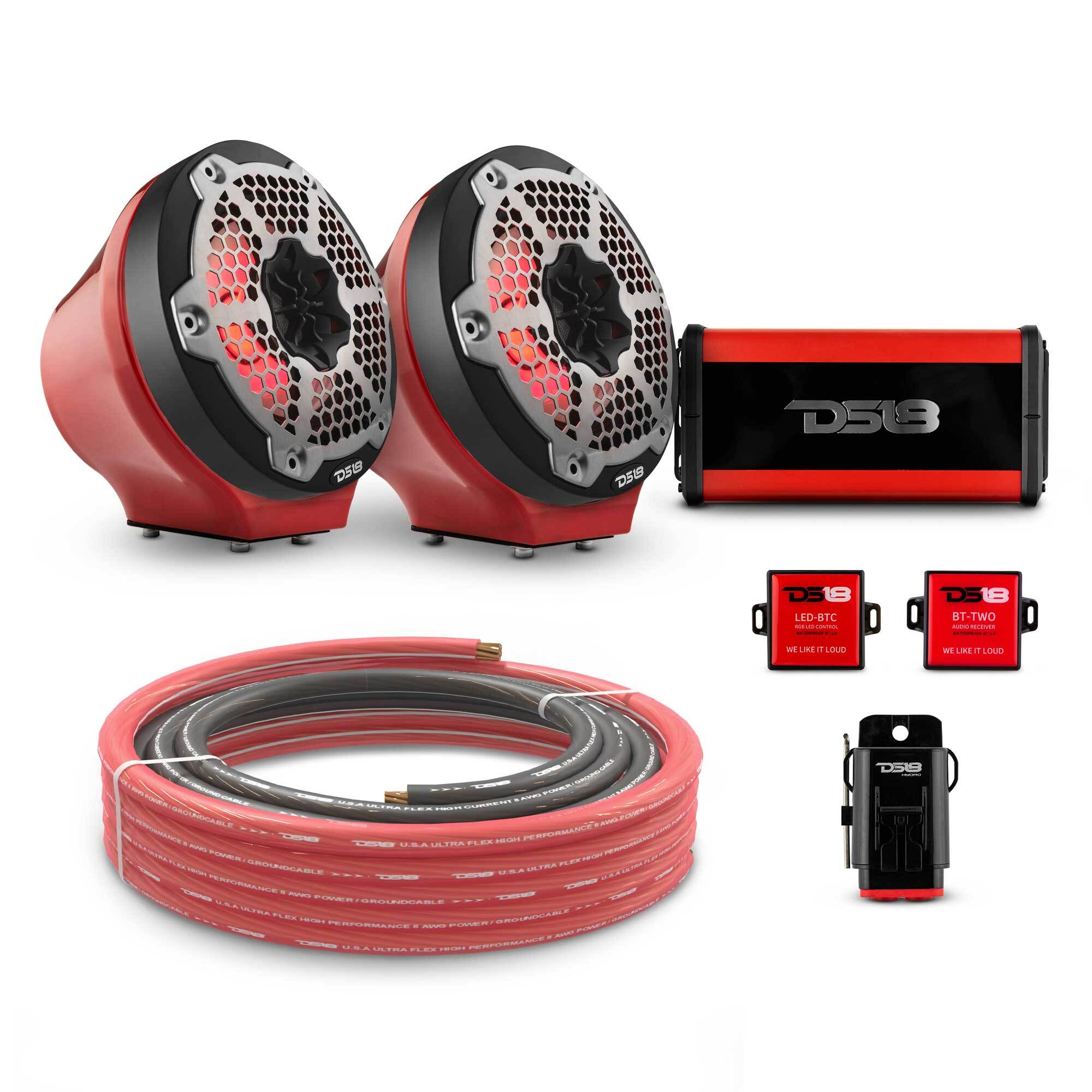 DS18 6.5" Loaded Flat Mount Speaker Pods with Amplifier, Installation Kit and RGB LED Lights, Package for Can-Am Spyder & Ryker