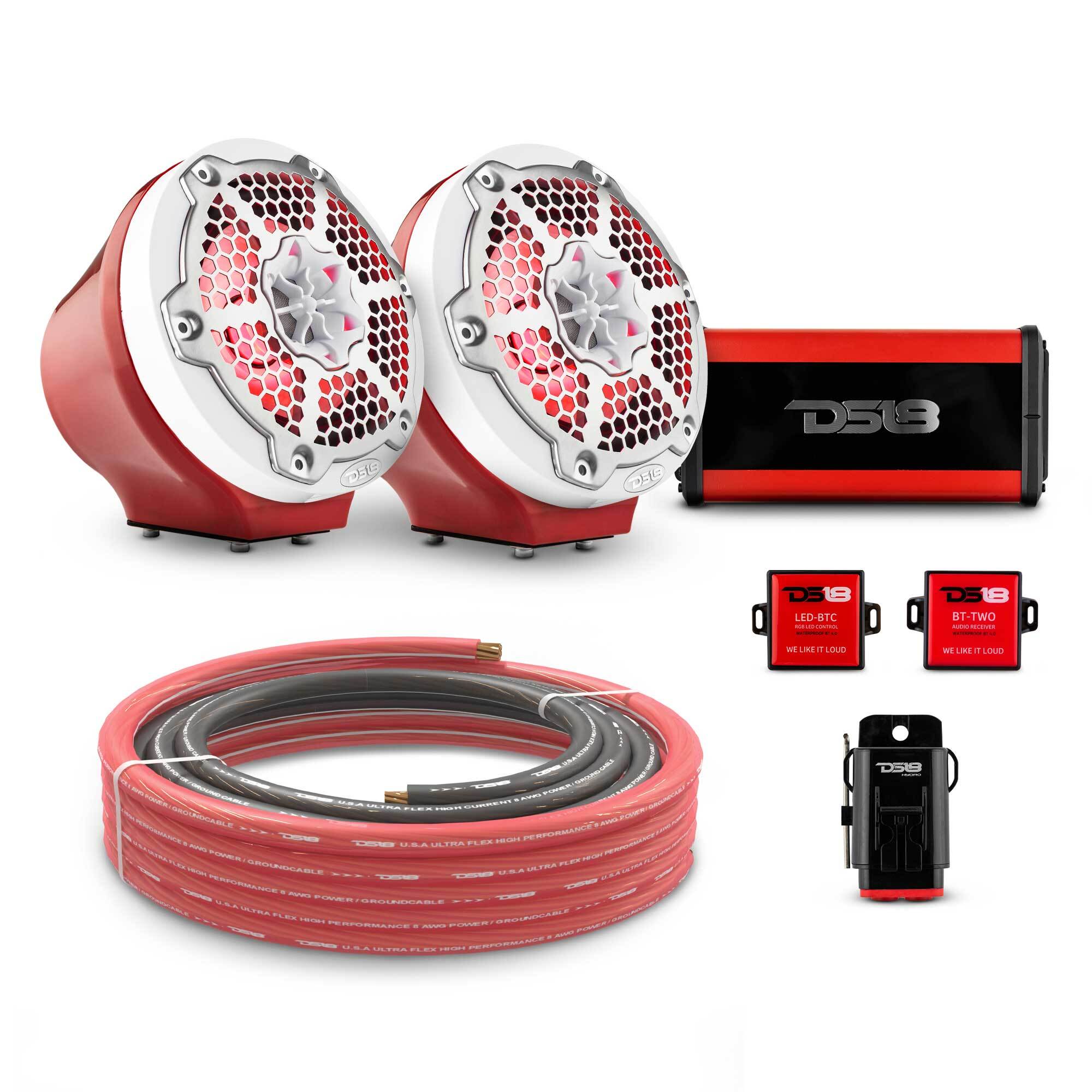 DS18 6.5" Loaded Flat Mount Speaker Pods with Amplifier, Installation Kit and RGB LED Lights, Package for Can-Am Spyder & Ryker